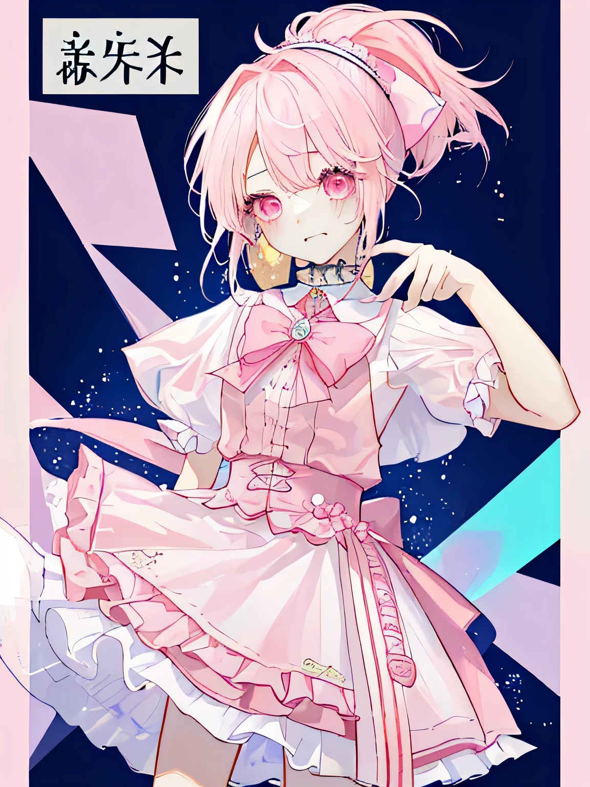 Xu high quality、Two-dimensional beautiful girl、cute、girl、white and light pink hair、Hair style is ponytail、lots of races、clothes with pink jewels、cute costume、Original image 8K、Idol、Live、It's winking at me、standing alone、clothes with a collar、Fluffy short sleeves、Fluffy skirt、zoom on face、The background is beautiful、Super high quality、cute hairstyle