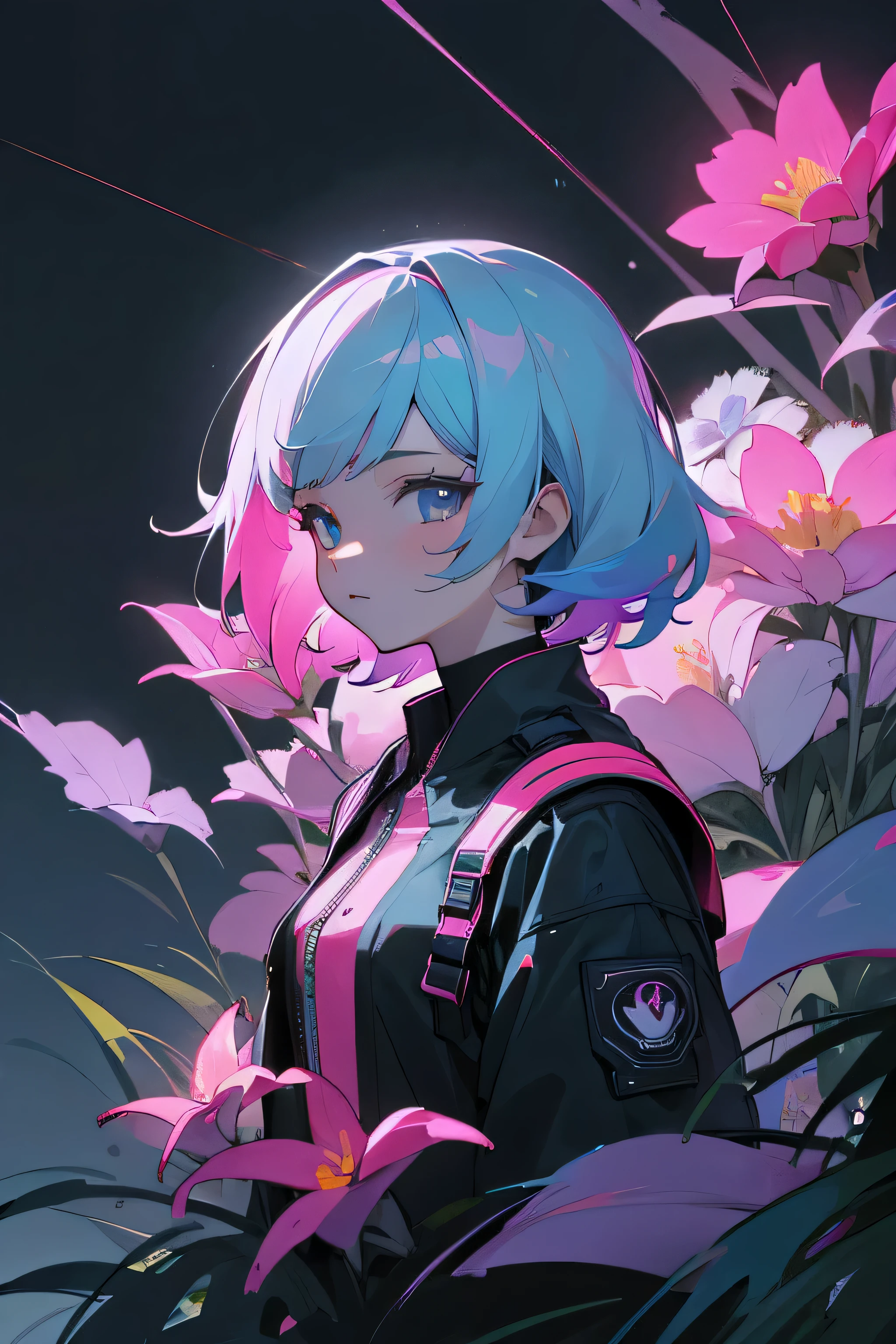 (masterpiece), (best quality), (ultra detailed), look forward, neon,looking at the viewer, upper body, flowers, cool colors, overcast sky,