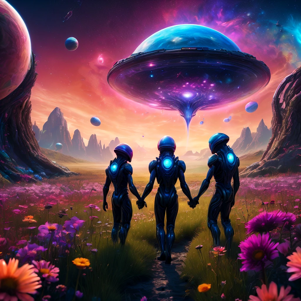 alien landscape, aesthetic, extremely detailed, Aliens holding hands in a circle in a meadow of alien flowers, galaxies and planets in the sky, detailed matte painting, deep color, fantastical, intricate detail, splash screen, complementary colors, fantasy concept art, 8k resolution trending on Artstation Unreal Engine 5