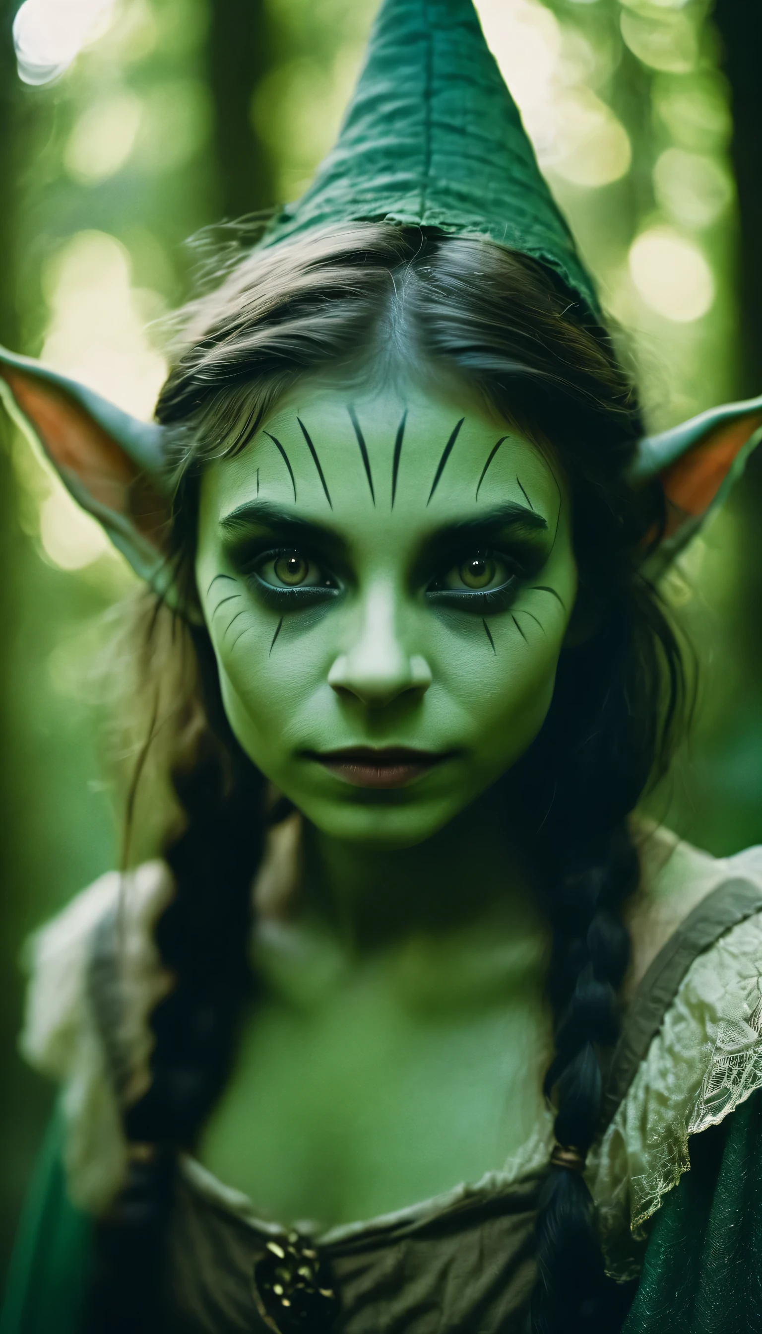 analog film photo, photo of young goblin sorceress, female, 16 years-old, greenish skin, diminutive build, pointy ears, upturned nose, slitted pupils, pretty, natural beauty, mystical forest, RAW Photograph, dslr, soft lighting, high quality, film grain, Fujifilm XT3, detailed skin with visible pores, insane details, masterpiece, 8k, 35mm photograph, dslr, kodachrome, faded film, desaturated, 35mm photo, grainy, vintage, Kodachrome, Lomography, stained, highly detailed, found footage, close-up shot