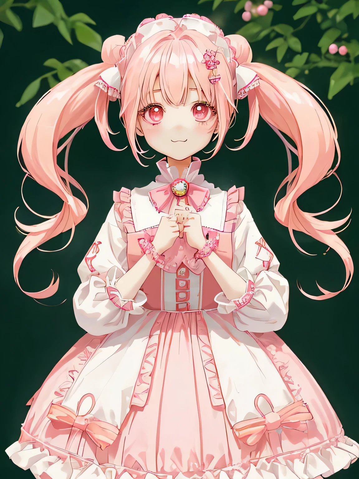 Xu high quality、Two-dimensional beautiful girl、cute、girl、white and light pink hair、Hair style is twin tails、lots of races、clothes with pink jewels、cute costume、Original image 8K、Idol、Live、It's winking at me、standing alone、clothes with a collar、Fluffy short sleeves、Fluffy skirt、zoom on face、The background is beautiful、Super high quality、cute hairstyle