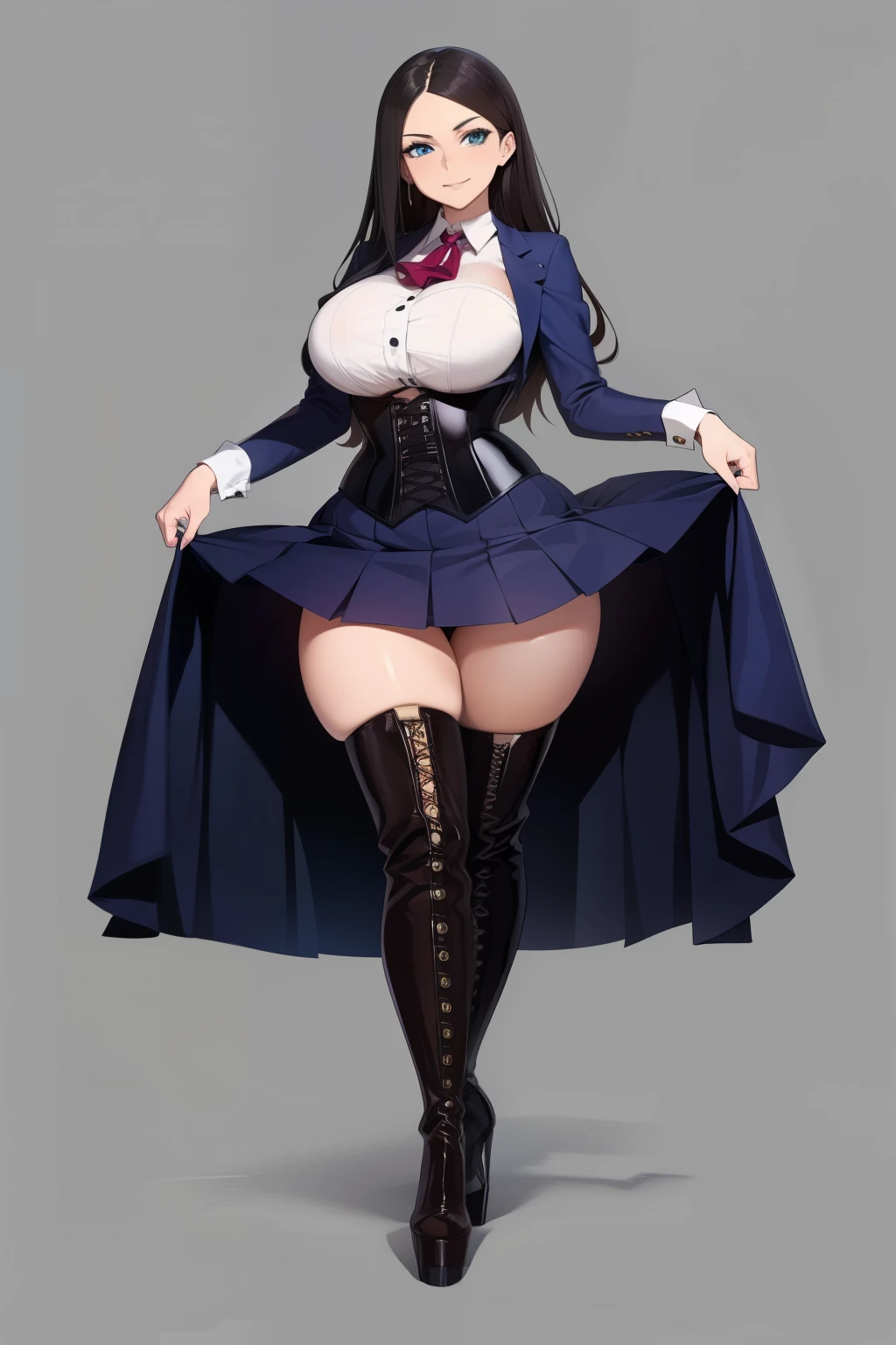 20 year old woman, busty, bubble butt, hourglass figure, skinny, standing, smirk, confident expression, wearing laced corset, pleate skirt, heeled boots