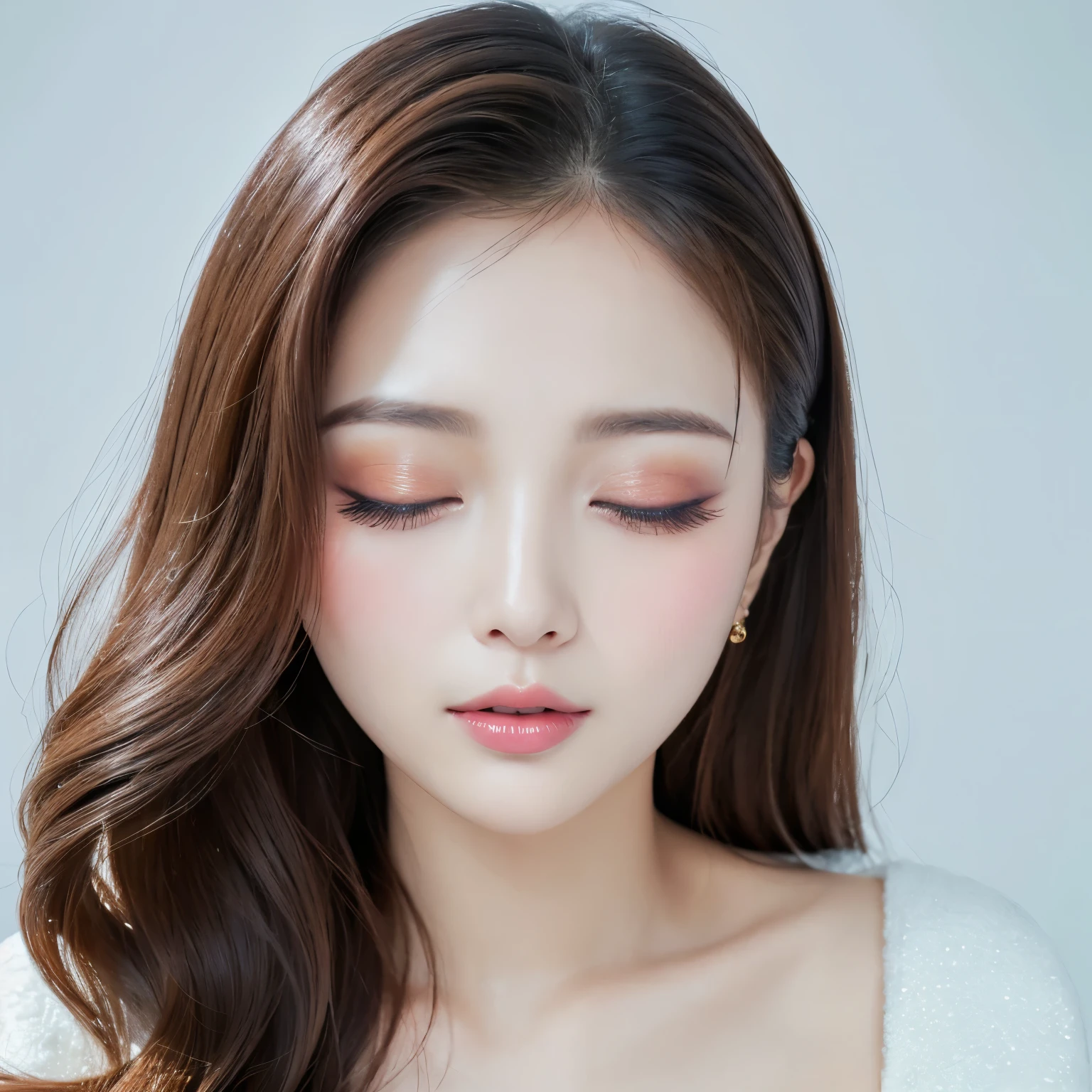 (highest quality、table top、8K、best image quality、Award-winning work)、1 woman、(close up of face:1.1)、(nude:1.1)、Korean beauty cosmetics advertisement、(beautiful perfect glitter makeup:1.1)、(Red and sparkling makeup around the eyes and cheeks:1.1)、(Long hair with strong waves:1.1)、(Beautiful milky white skin:1.1)、shiny soft skin,、Perfect, beautiful skin with luster and moisture、the most beautiful skin、Smooth and shiny skin、Advertising photo for cosmetics、portrait shot、Beautiful face based on white、Ultra high definition perfect face、(completely closed lips:1.1)、(Fully closed eyelids:1.1)、ultra high definition hair、Super high resolution glossy lips、accurate anatomy、Beautiful skin that shines brightly、(Solid white background:1.1)