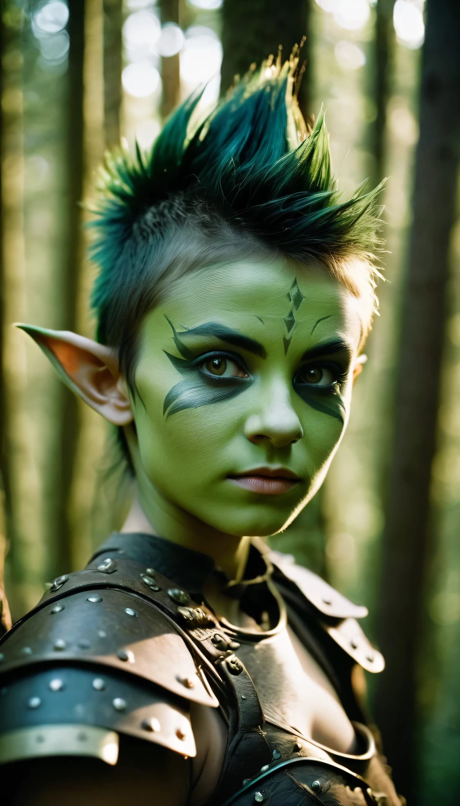 analog film photo, photo of young goblin warrior, female, 16 years-old, greenish skin, diminutive build, pointy ears, upturned nose, slitted pupils, mohawk haircut, pretty, natural beauty, mystical forest, RAW Photograph, dslr, soft lighting, high quality, film grain, Fujifilm XT3, detailed skin with visible pores, insane details, masterpiece, 8k, 35mm photograph, dslr, kodachrome, faded film, desaturated, 35mm photo, grainy, vintage, Kodachrome, Lomography, stained, highly detailed, found footage, close-up shot 