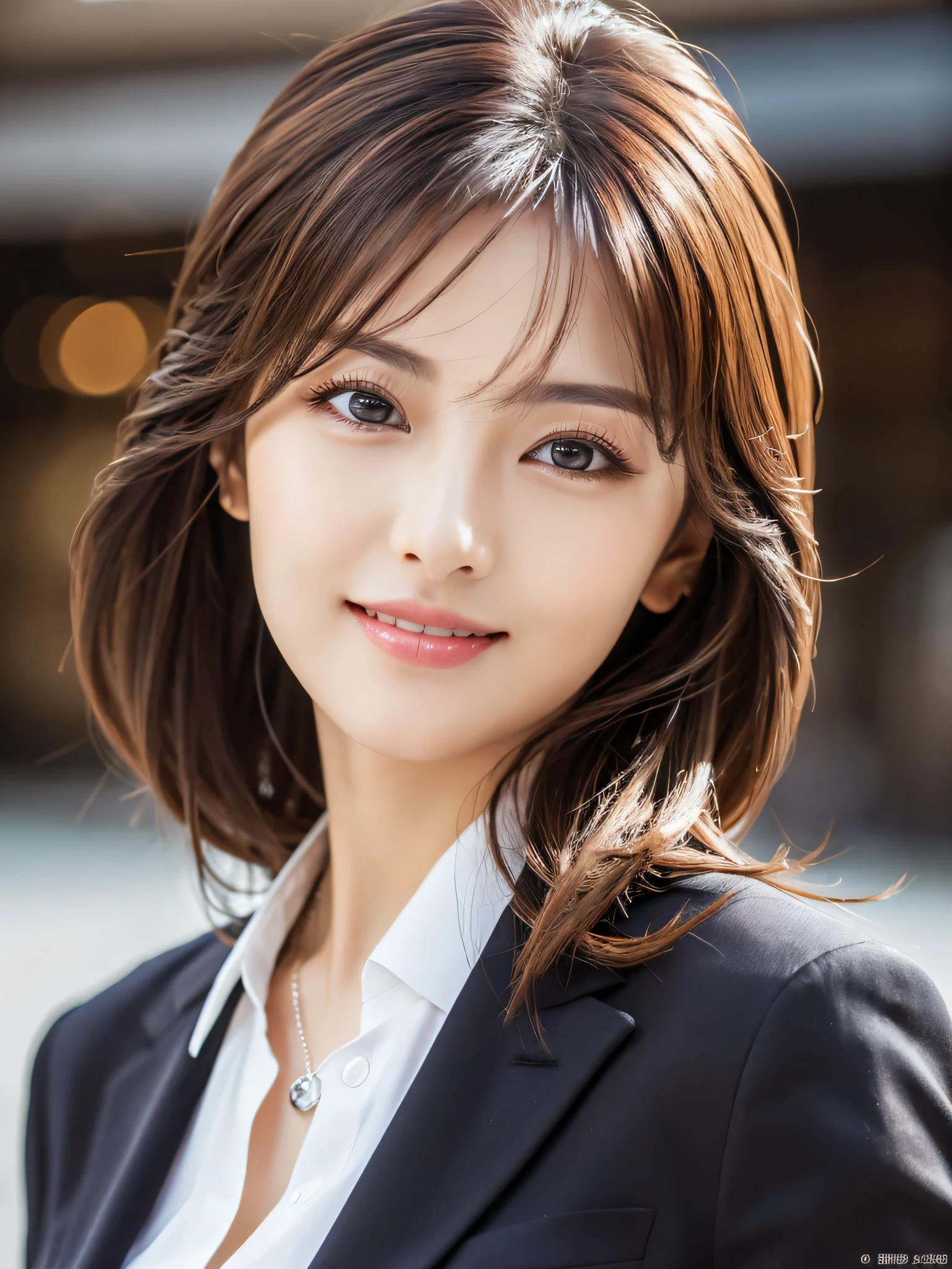 table top、highest quality、genuine、Super detailed、finely、High resolution、8k wallpaper、one beautiful woman、、、light brown disheveled hair、wearing a business suit、sharp focus、perfect dynamic composition、beautiful and detailed eyes、thin hair、Detailed genuine skin texture、smile、close-up portrait、model body shape