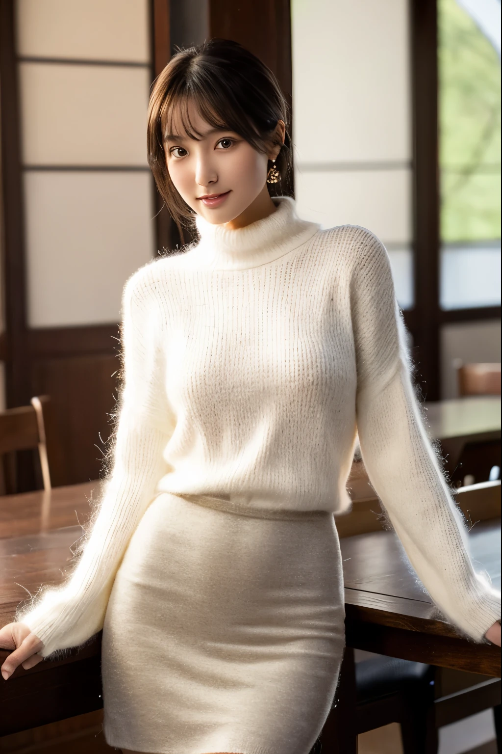 (table top:1.3, Photoreal:1.4, 8K), highest quality, masterpiece, 超A high resolution, perfect dynamic composition, Highly detailed skin and facial textures:1.3, detailed eye, Detail of limbs, cold winter, 1 girl, Cute sexy slim Japanese woman in her 20s, Fair skin, (A high neck sweater made of white long sleeve mohair knit that covers the neck., Skin hides), mini tight skirt、(beautiful black eyes, Eyes that feel beautiful eros:0.85), sexy face:0.4, ((Too cute beauty:0.9))、(standing facing straight ahead:1.5)
