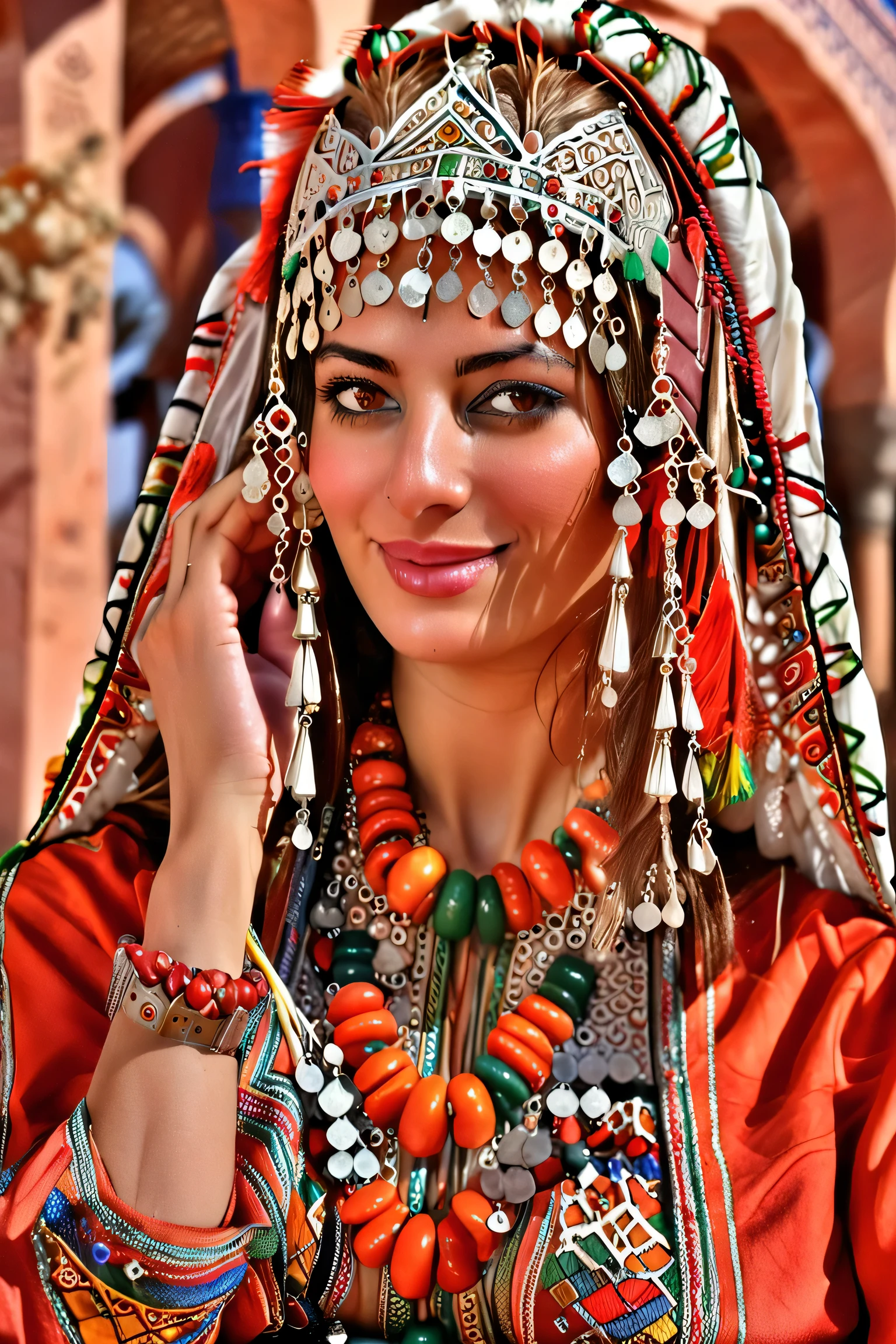 long shot scenic professional photograph of (art by Deborah Azzopardi) pretty woman, brunette, hazel eyes, jewelry, Moroccan Caftan, TazerzitXL, isni, headdress, Moroccan pattern background.,  Marrakech, perfect viewpoint, highly detailed, wide-angle lens, hyper realistic, with dramatic sky, polarizing filter, natural lighting, vivid colors, everything in sharp focus, HDR, UHD, K