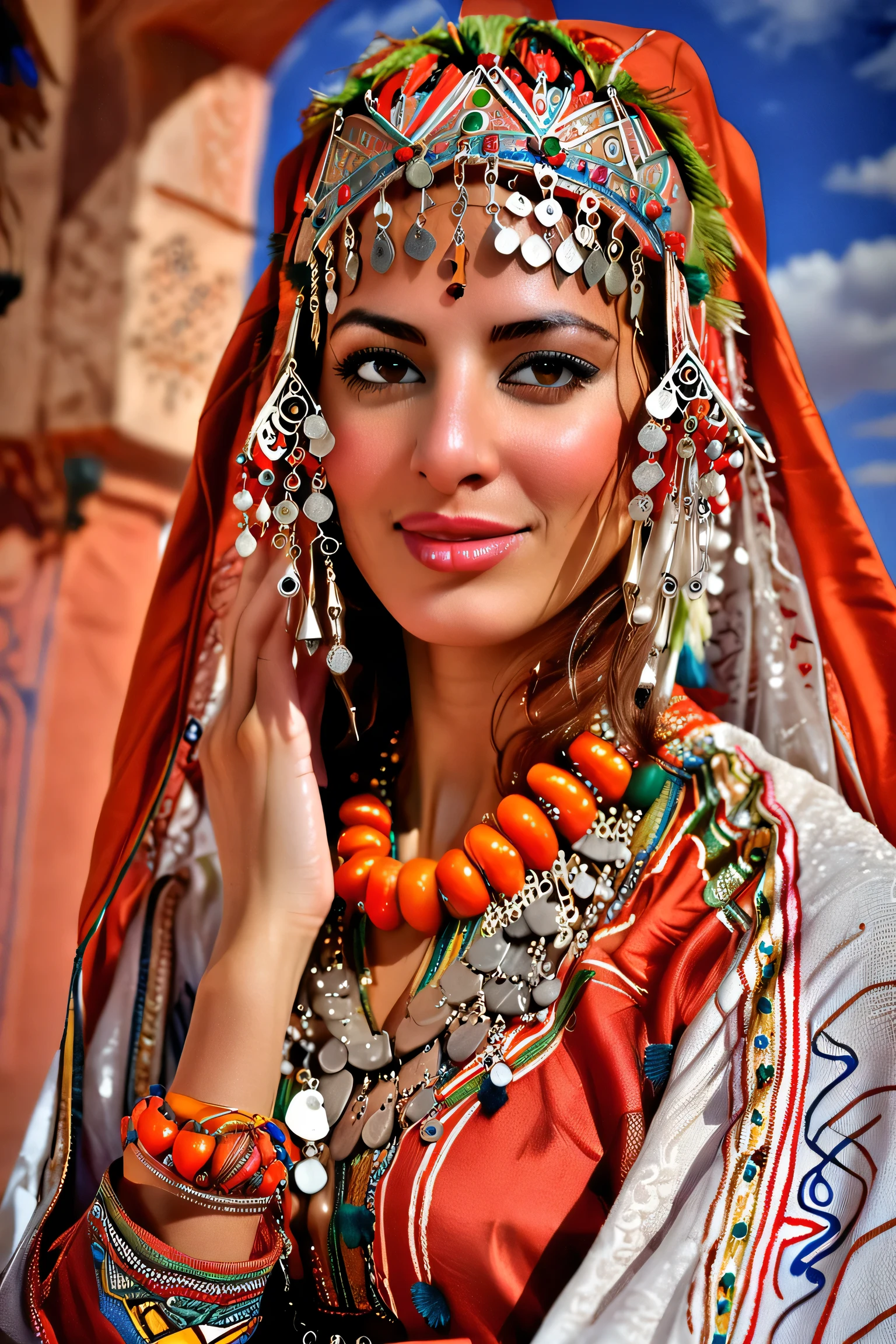 long shot scenic professional photograph of (art by Deborah Azzopardi) pretty woman, brunette, hazel eyes, jewelry, Moroccan Caftan, TazerzitXL, isni, headdress, Moroccan pattern background.,  Marrakech, perfect viewpoint, highly detailed, wide-angle lens, hyper realistic, with dramatic sky, polarizing filter, natural lighting, vivid colors, everything in sharp focus, HDR, UHD, K