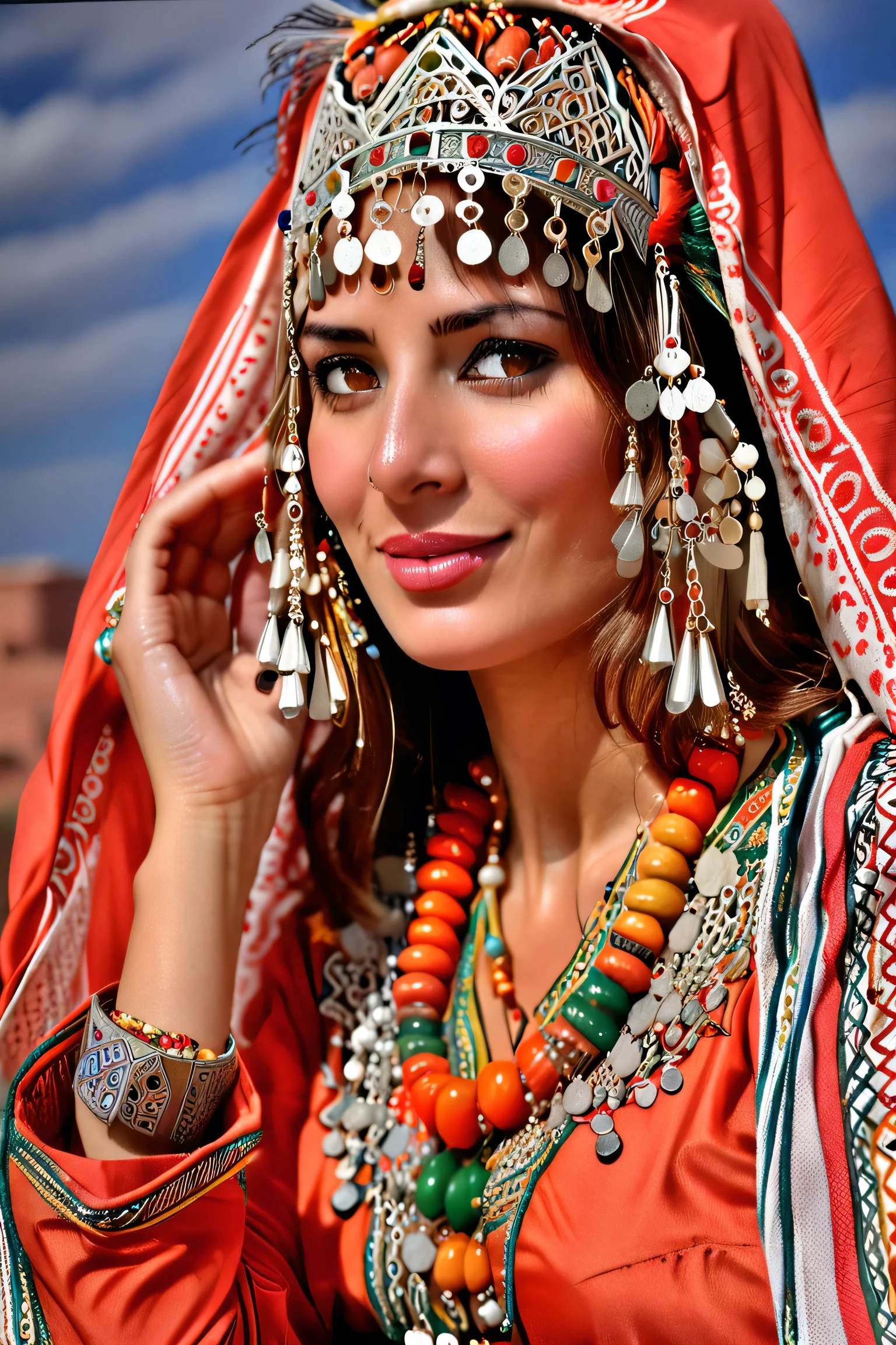 long shot scenic professional photograph of (art by Deborah Azzopardi) pretty woman, brunette, hazel eyes, jewelry, Moroccan Caftan, TazerzitXL, isni, headdress, Moroccan pattern background.,  Marrakech, perfect viewpoint, highly detailed, wide-angle lens, hyper realistic, with dramatic sky, polarizing filter, natural lighting, vivid colors, everything in sharp focus, HDR, UHD, K