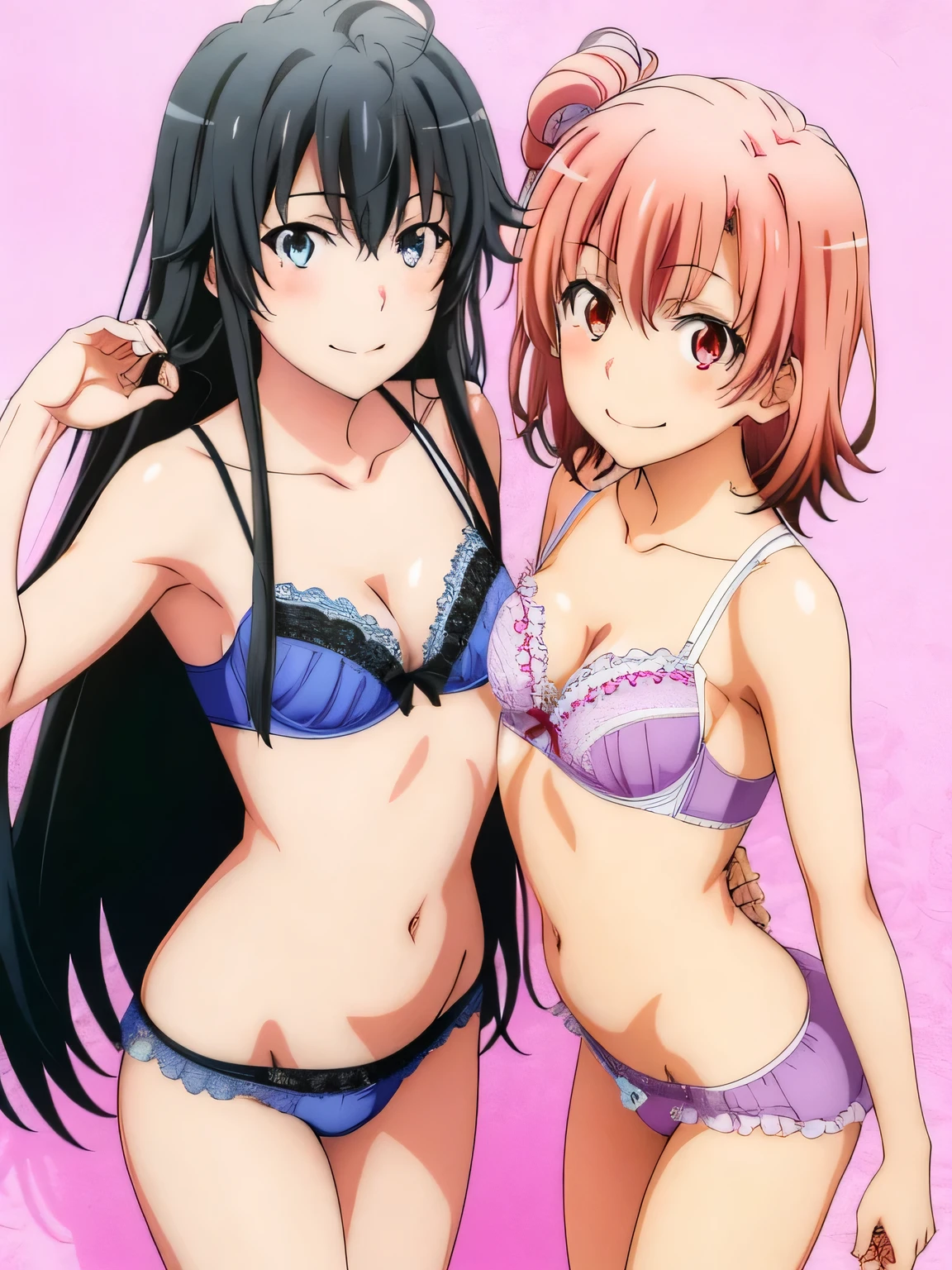2 girls , Yukinoshita Yukino , yuigahama yui , waltz dance , In underwear,white bra,belly button,panties,pink bra,belly button,panties,thighs,butt,high angle