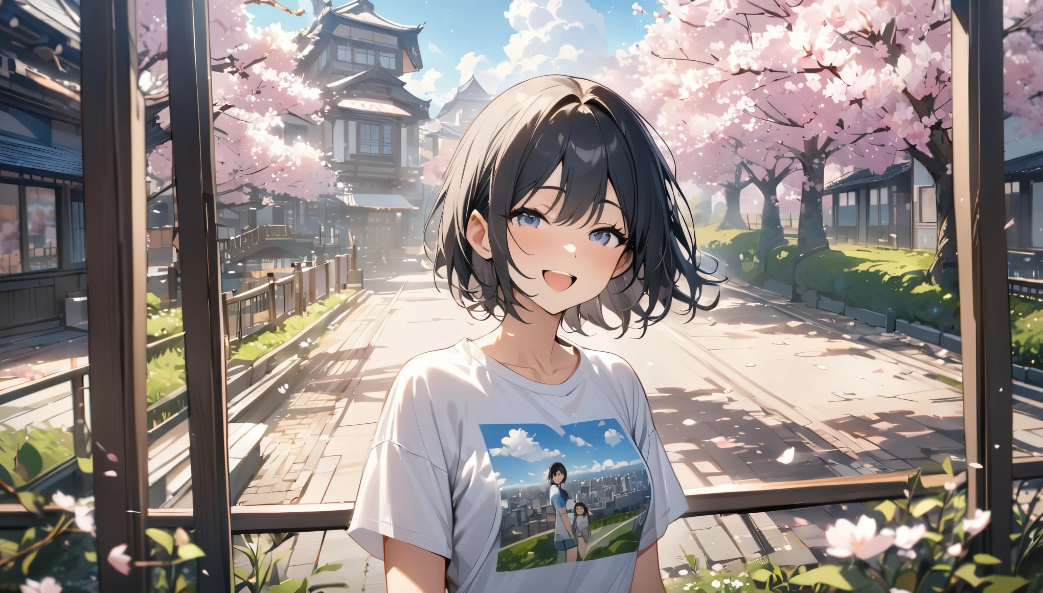 ((best quality)), ((masterpiece)), (detailed), perfect face,black hair,short hair,cherry blossoms,smile,open your mouth a little,Blue sky,cloud,Standing picture,short sleeve t-shirt,Upper body,spring,city