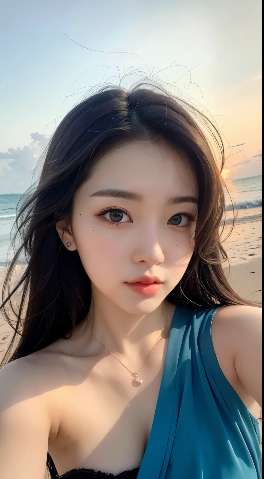 ((Best Quality, 8k, Masterpiece: 1.3)), Sharp Focus: 1.2, Beautiful woman in perfect style, wearing lingerie sitting in bed: 1.4, perfect eyes, perfect iris, perfect lips, perfect teeth, perfect skin, no moles, slender abs: 1.2, ((dark brown hair, big: 1.2)), (natural light, seafront street: 1.1), highly detailed face and skin texture, detailed eyes, double eyelids,