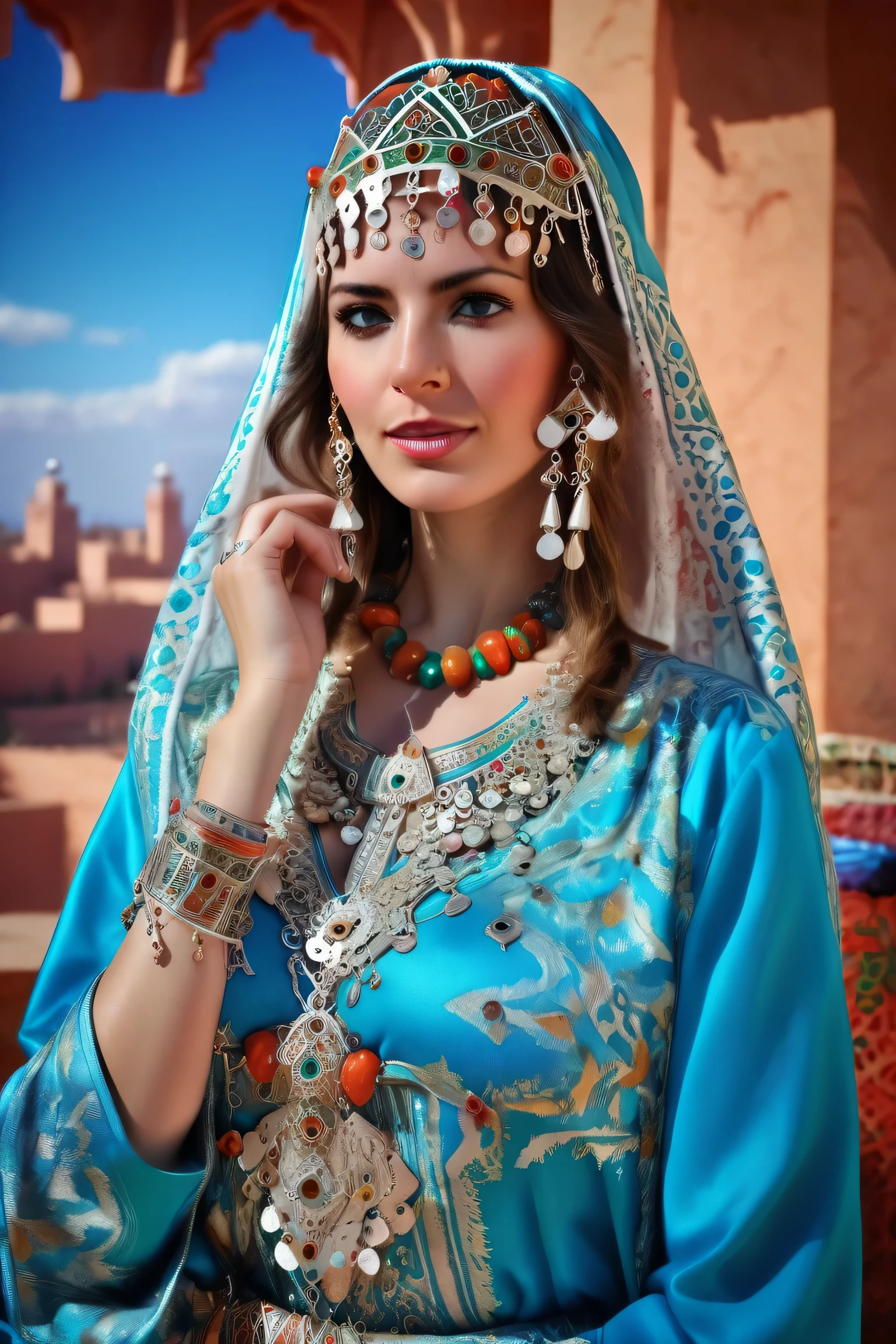 long shot scenic professional photograph of pretty woman, brunette, aqua eyes, jewelry, Moroccan Caftan, TazerzitXL, isni, headdress, Moroccan pattern background., Marrakech, perfect viewpoint, highly detailed, wide-angle lens, hyper realistic, with dramatic sky, polarizing filter, natural lighting, vivid colors, everything in sharp focus, HDR, UHD, K