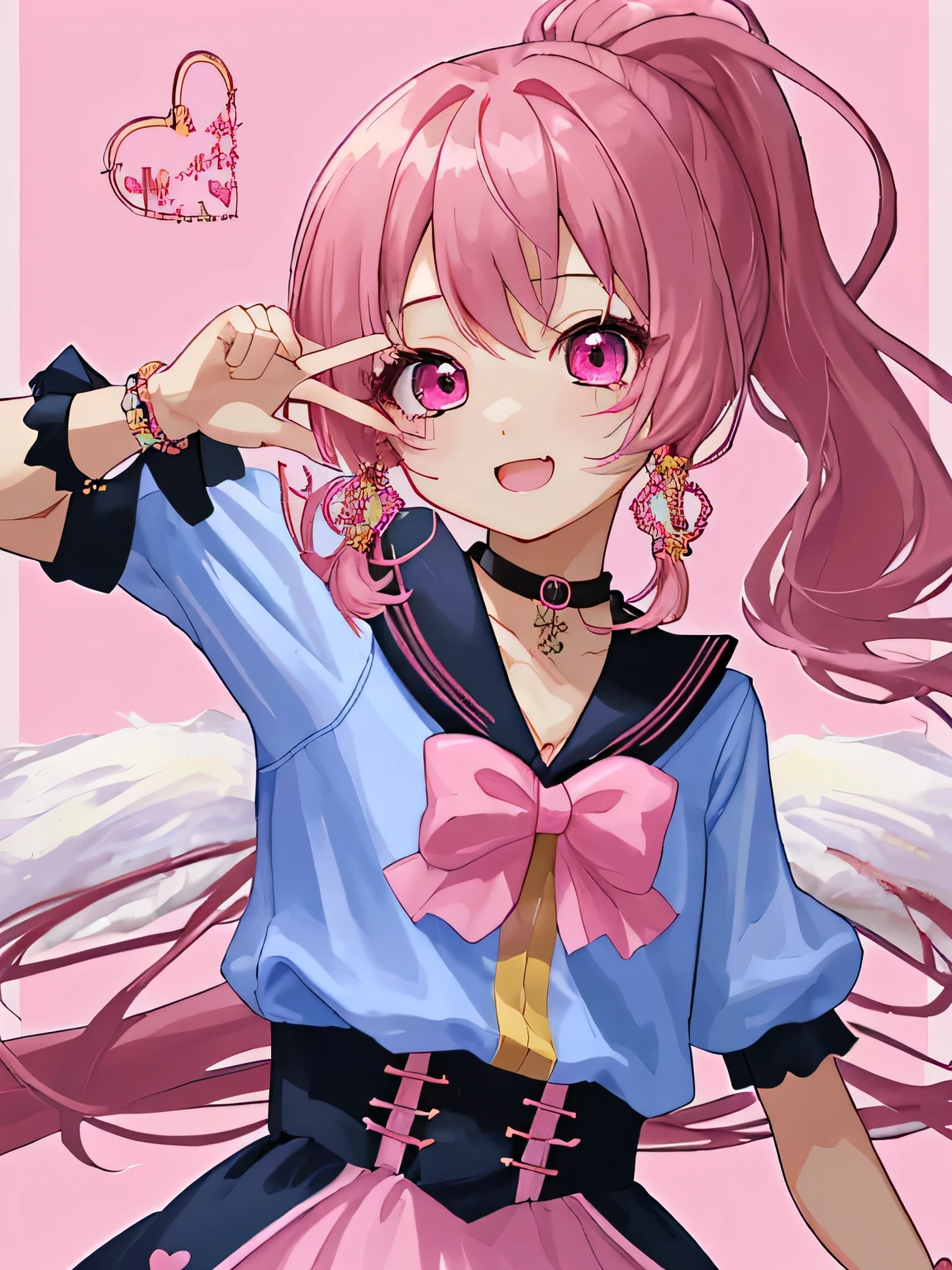 Xu high quality、Two-dimensional beautiful girl、cute、girl、Dark pink hair、Hair style is ponytail、lots of races、clothes with pink jewels、cute costume、Original image 8K、Idol、live、winking at me、clothes with heart jewelry、independent、Clothes with a collar、Fluffy short sleeves、Fluffy skirt、The background is beautiful、super high quality、cute hairstyle、eyes are shining