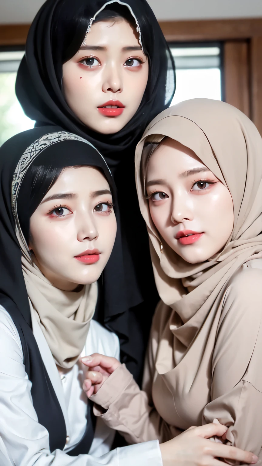 Threesome girl, in hijab, ((Best quality, 8k, Masterpiece :1.37), many people in hijab, (threesome girl in hijab muslim), Big Breasts:1.5, Beautiful face, Ultra-HD Face, Smiling lips, Sweaty Face, position:Open Legs:1.5, Big Breasts:1.5, close up photo, (three girls wearing Muslim hijabs), wearing Muslim hijabs, background Beauty of the room, (View of cute dolls:1.1), very detailed face, detailed red lips, detailed eyes, (korean eyes), double eyelids, nose details, legs details, (threesome girls wearing muslim hijab)