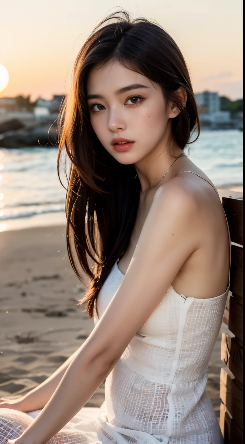 Create a high-quality, hyper-realistic portrait of a very beautiful Japanese idol. She is wearing a clean white summer dress and is squatting on the beach during sunset at sea. The deep indigo of the night sky contrasts with the last vestiges of crimson near the horizon, with swaying waves in the background. The girl has semi-long hair and a slender body with small breasts. The photo should capture her with detailed eyes, a detailed face, and a beautiful, sophisticated nose. The image should have a realistic, delicate, and finely detailed quality, suitable for a fashion magazine cover. Use cinema lighting and soft light to enhance her features. Ensure the photo is of the highest quality, with a resolution of 8K, making it perfect for a 2K wallpaper.