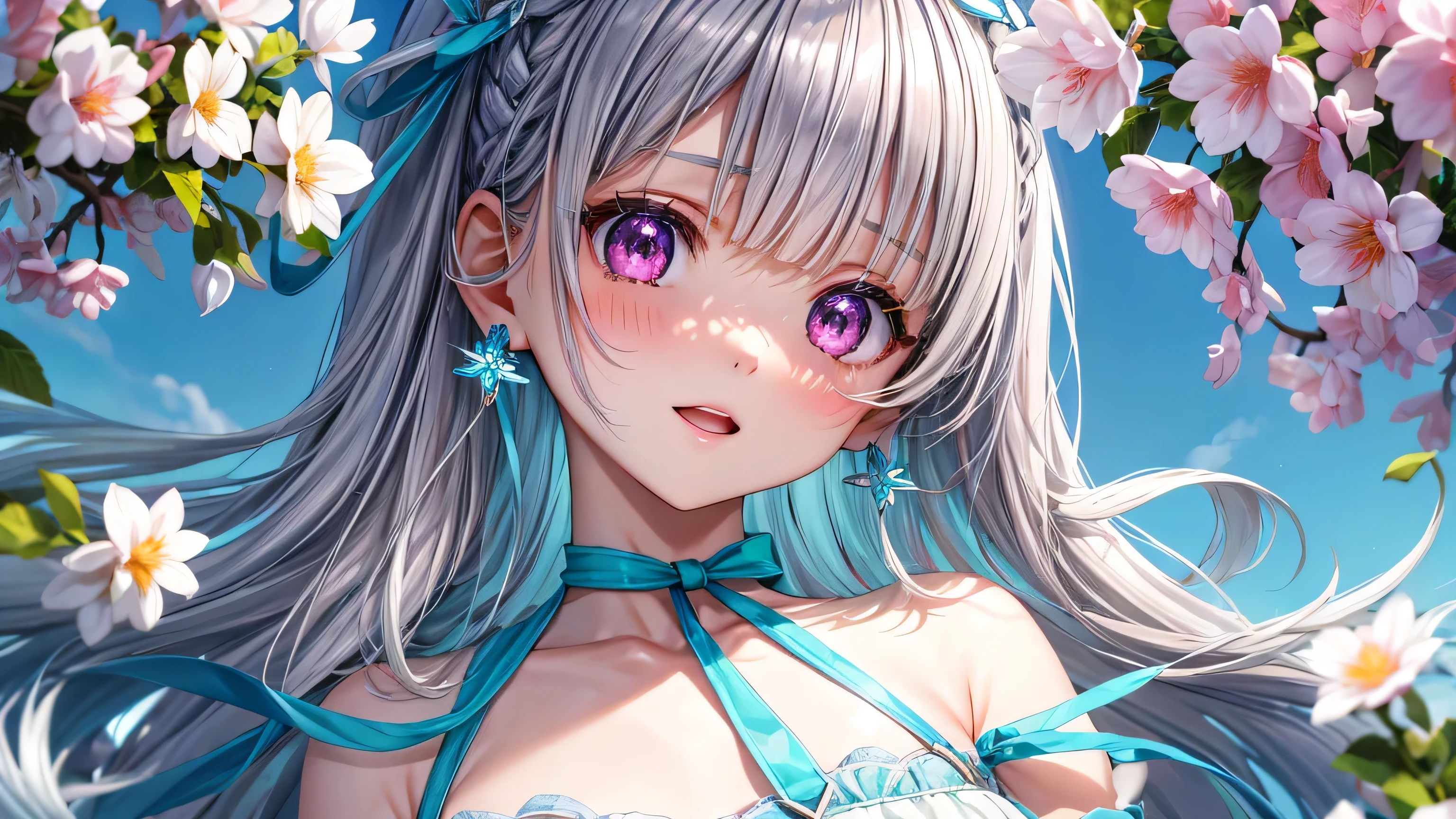 The arrival of spring、 (alone:1.5,)Super detailed,bright colors, very beautiful detailed anime face and eyes, look straight, ;d, Transparent white skin,girl, ((purple eyes))、bangs、((arrange bangs))、short bob、bluish hair、((silver blue colored hair))、clear eyes、、shiny hair, delicate beautiful face, blush、(turquoise eyes), White 肌, Valletta, earrings,11 years old field、