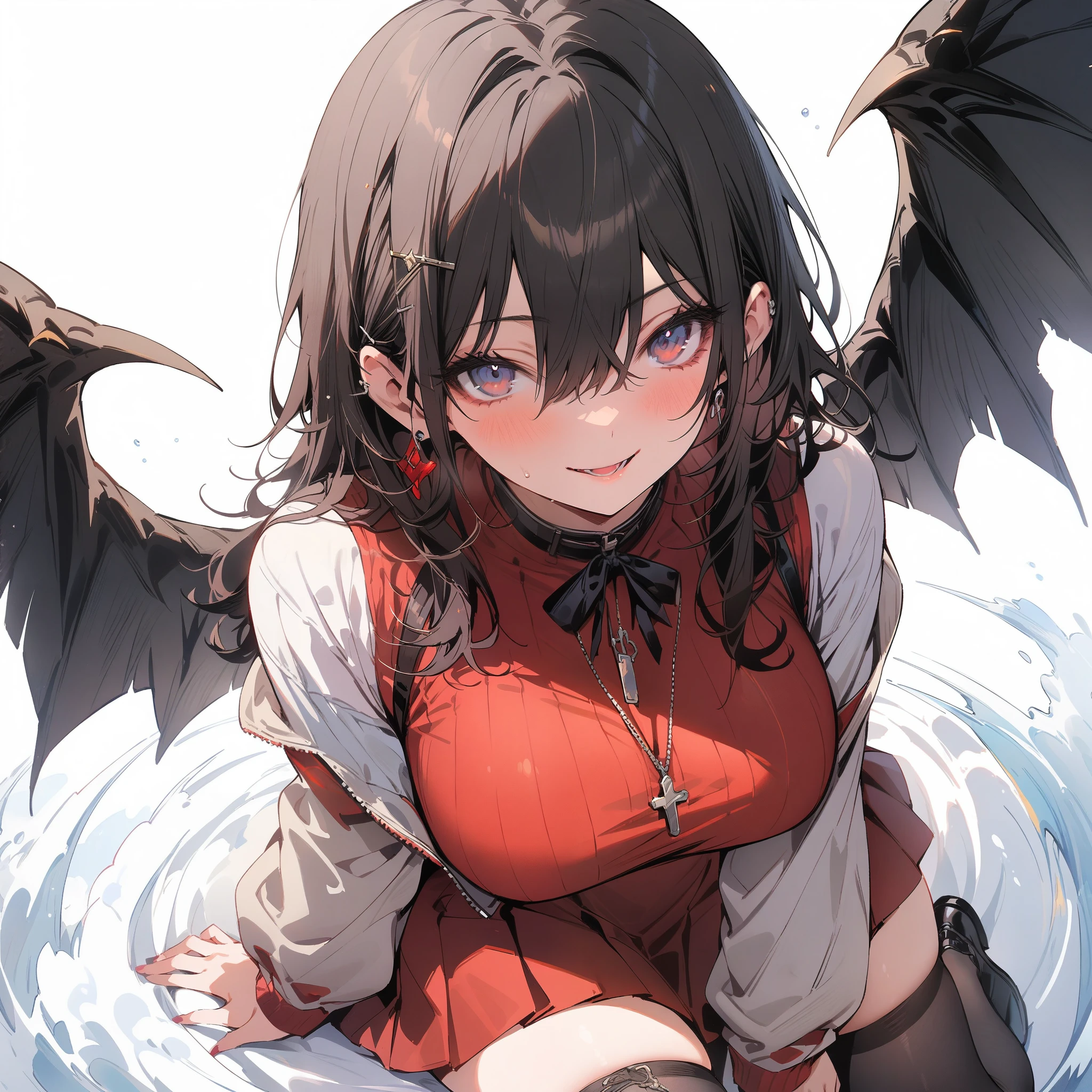 (masterpiece, best quality:1.2), 1girl, ((best quality)), ((masterpiece)), (detailed), perfect face, black long hair, black eyes, white shirt, with jacket, big chest, red skirt, thighhighs, black shoes, dead pan look,