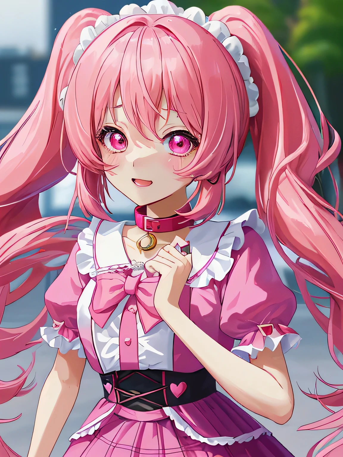 Xu high quality、Two-dimensional beautiful girl、cute、girl、Dark pink hair、Hair style is twin tails、lots of races、clothes with pink jewels、cute costume、Original image 8K、Idol、live、winking at me、clothes with heart jewelry、independent、Clothes with a collar、Fluffy short sleeves、Fluffy skirt、The background is beautiful、super high quality、cute hairstyle、eyes are shining