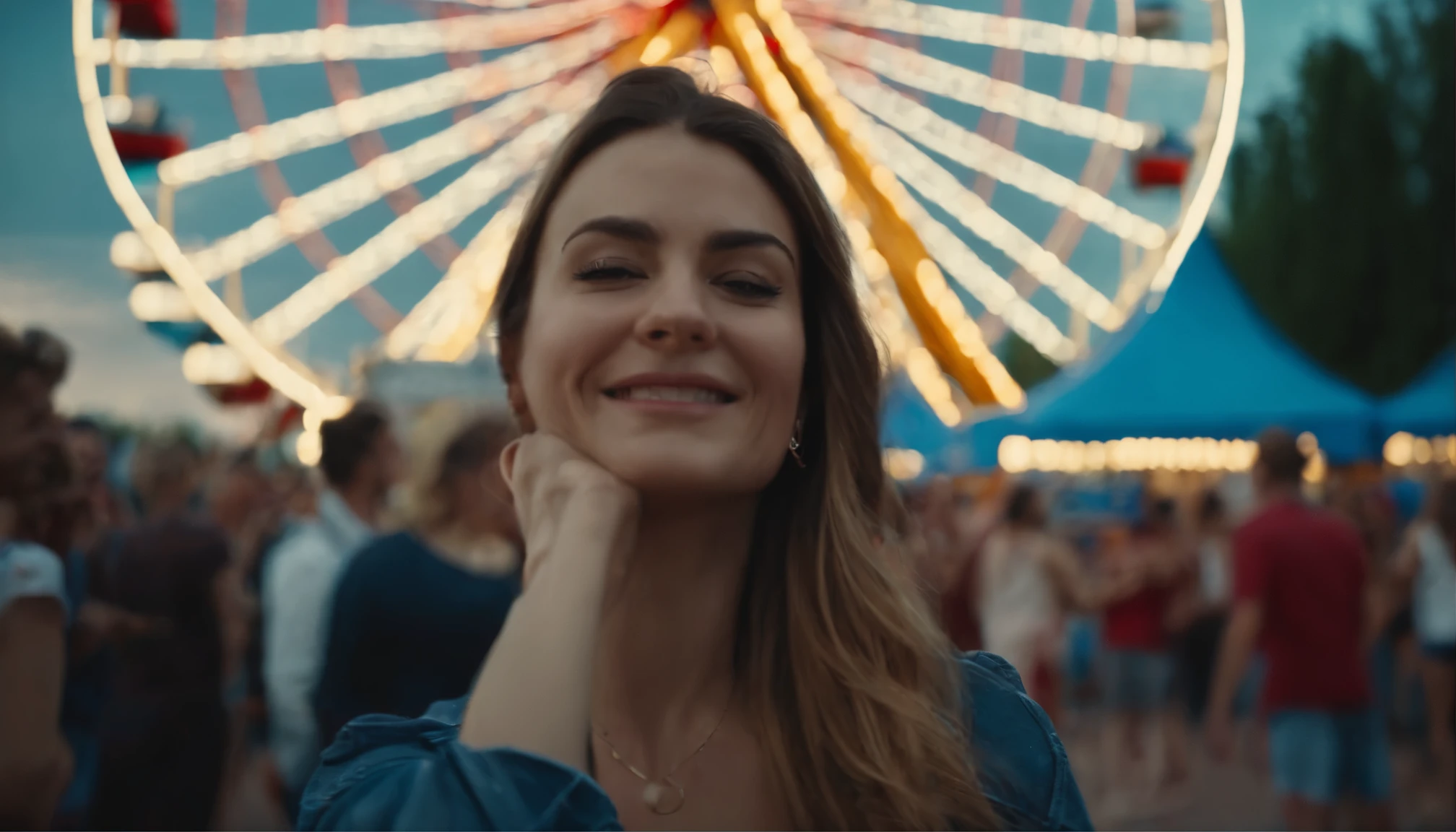 25 year old woman having fun in an amusement park near the ferris wheel, dancing in the may of the crowd