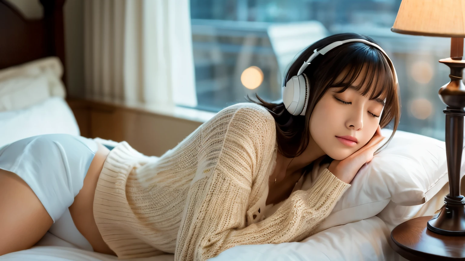 wearing headphones、read、There is a wonderful night view outside the window、wearing a long sleeve knit sweater、warm lighting、casual、sophisticated atmosphere、Her hair is shoulder-length、Has natural waves、calm expression、You can see the cityscape outside the window。The interior of the room is modern and luxurious..、A stylish lamp is placed next to the bed..。A warm-colored image、Please try to create a relaxed atmosphere.。Portrait of a woman lying on bed wearing white bra, japanese model, big breasts, young sensual gravure idol, Young and cute gravure idol, realistic young gravure idol, Real sensual gravure idol, young gravure idol, sophisticated gravure idol, Young slender gravure idol, beautiful asian girl, Close your eyes