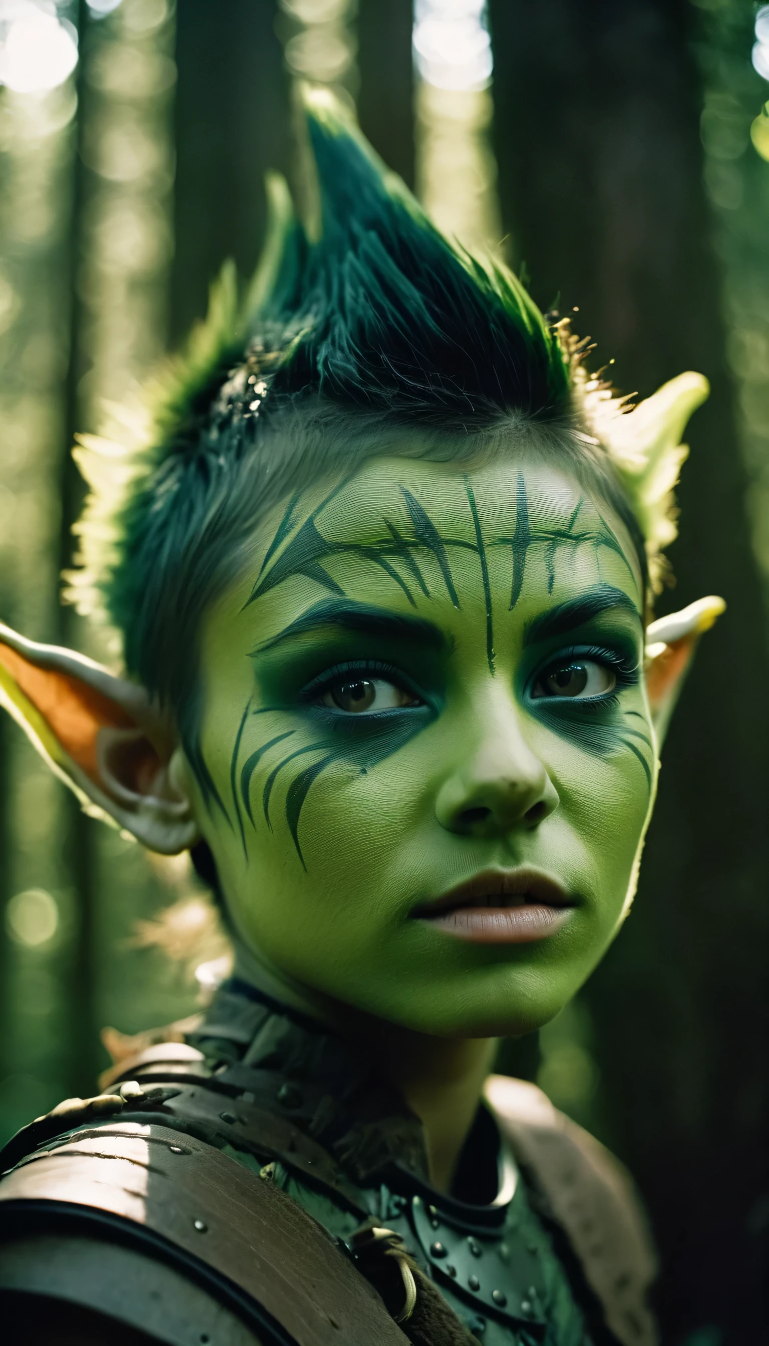 analog film photo, photo of young goblin warrior, female, 16 years-old, greenish skin, diminutive build, pointy ears, upturned nose, slitted pupils, mohawk haircut, pretty, natural beauty, mystical forest, RAW Photograph, dslr, soft lighting, high quality, film grain, Fujifilm XT3, detailed skin with visible pores, insane details, masterpiece, 8k, 35mm photograph, dslr, kodachrome, faded film, desaturated, 35mm photo, grainy, vintage, Kodachrome, Lomography, stained, highly detailed, found footage, close-up shot