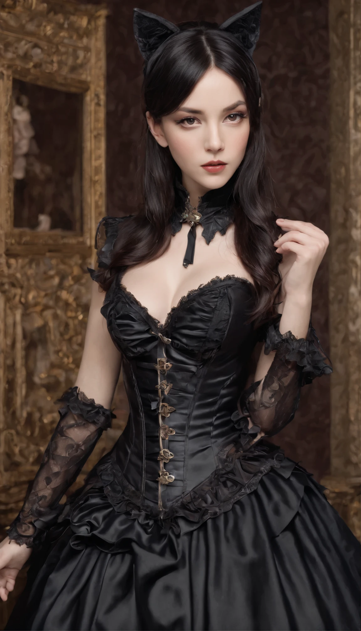 ((highest quality, masterpiece, High resolution)), ((reality)),cinematic light、soft light、adult woman, black hair, Black cat costume, cat ears、Woman in black latex dress, Elegant and glamorous cosplay, 非常にきついcorset, black victorian dress, 革のcorsetで, wearing a detailed steampunk dress, Victorian aristocracy, corset,