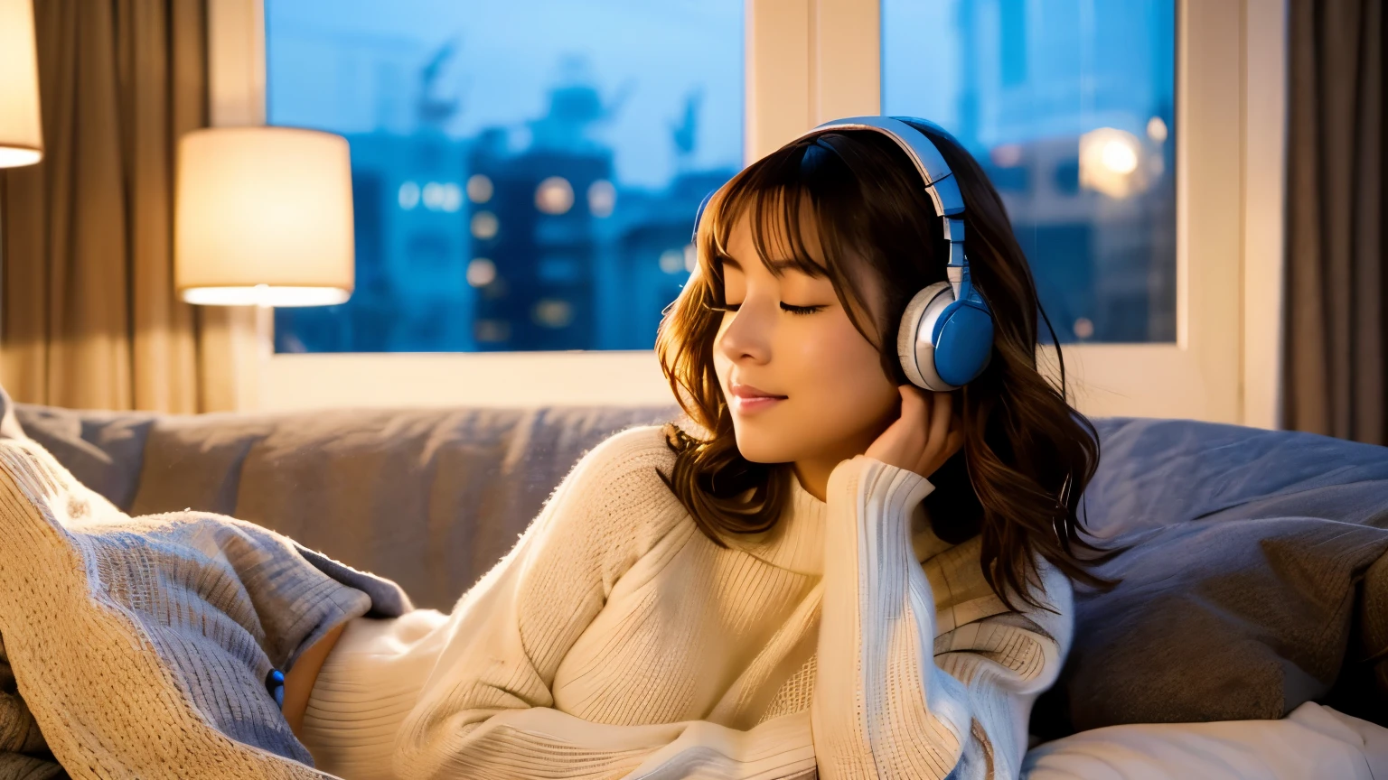 wearing headphones、read、There is a wonderful night view outside the window、wearing a long sleeve knit sweater、warm lighting、casual、sophisticated atmosphere、Her hair is shoulder-length、Has natural waves、calm expression、You can see the cityscape outside the window。The interior of the room is modern and luxurious..、A stylish lamp is placed next to the bed..。A warm-colored image、Please try to create a relaxed atmosphere.。Portrait of a woman lying on the bed wearing a light blue bra, japanese model, big breasts, young sensual gravure idol, Young and cute gravure idol, realistic young gravure idol, Real sensual gravure idol, young gravure idol, sophisticated gravure idol, Young slender gravure idol, beautiful asian girl, Close your eyes