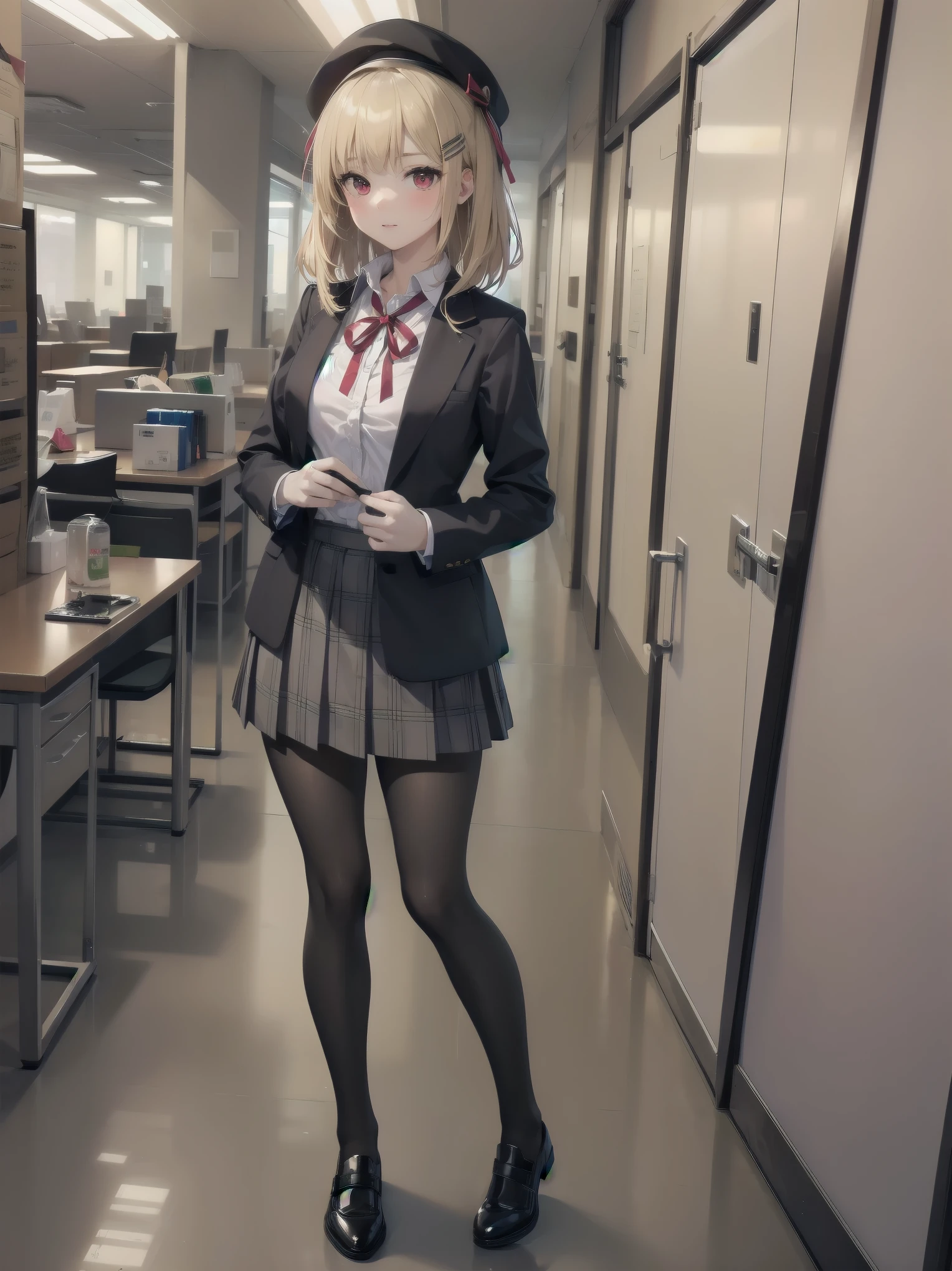 (Masterpiece: 1. 2), (Top quality: 1. 2), Anime girl, One, Blonde hair, Hair clip on right side of forelock, Black cap, Wine red eyes, White female shirt, Brand grey blazer, Small red ribbon across chest, Office clothes, One size larger shirt, Checked priss skirt, Black tights, tights with fine detail, full body, large breasts, front view, alone, bruised and super cute