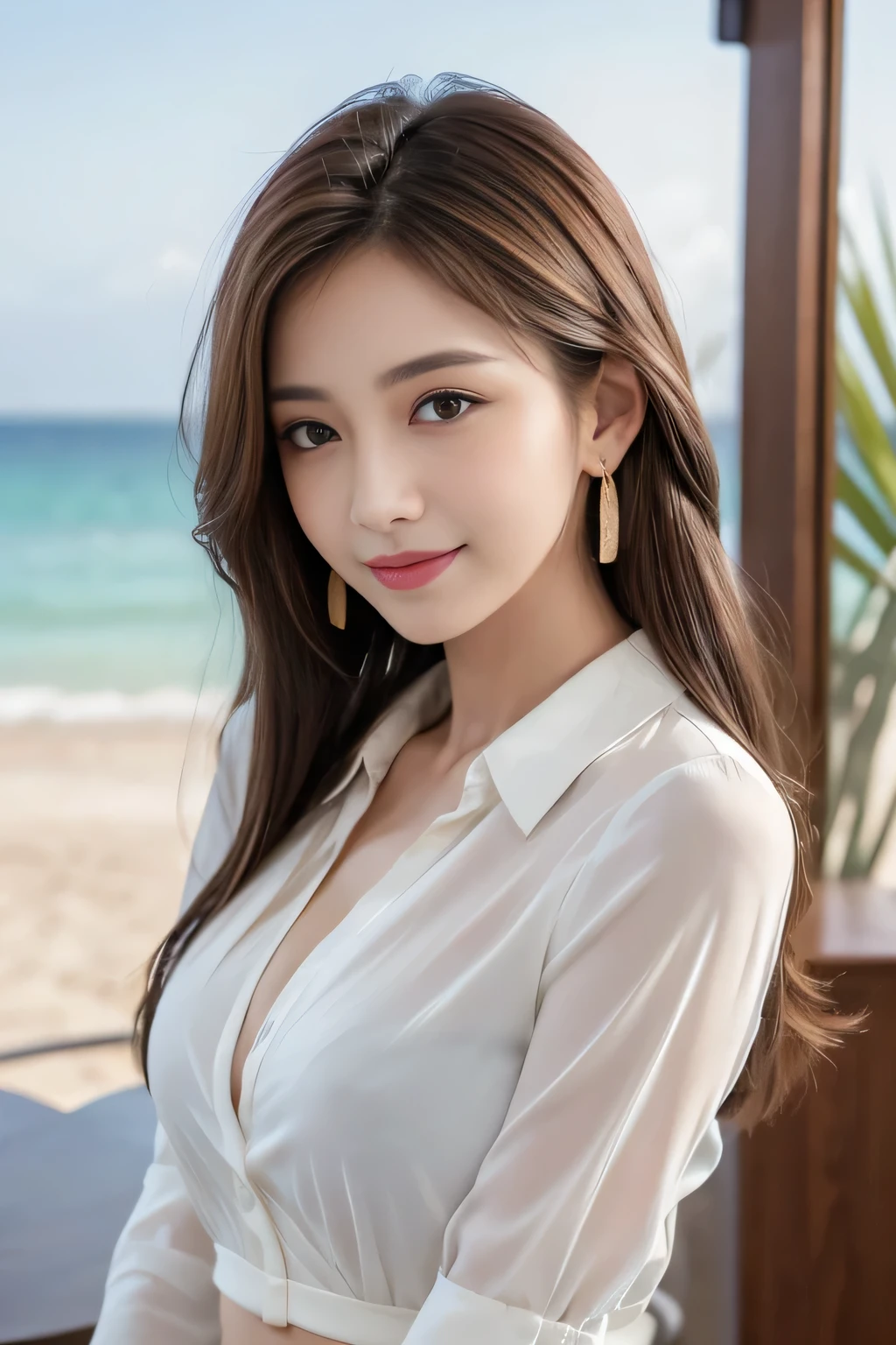 ((highest quality, 8K, table top: 1.3)), sharp: 1.2, perfect body beauty: 1.4, slim abs: 1.2, ((light brown long hairstyle,medium breasts: 1.2)), cleavage, (pale white long shirt: 1.1), Highly detailed face and skin texture, fine eyes, double eyelid, View from the side looking at the camera, innocent, (Excited: 1.3)、cute smile、big earrings、No sleeve、See-through shirt with collar、long hair、hair swaying in the wind