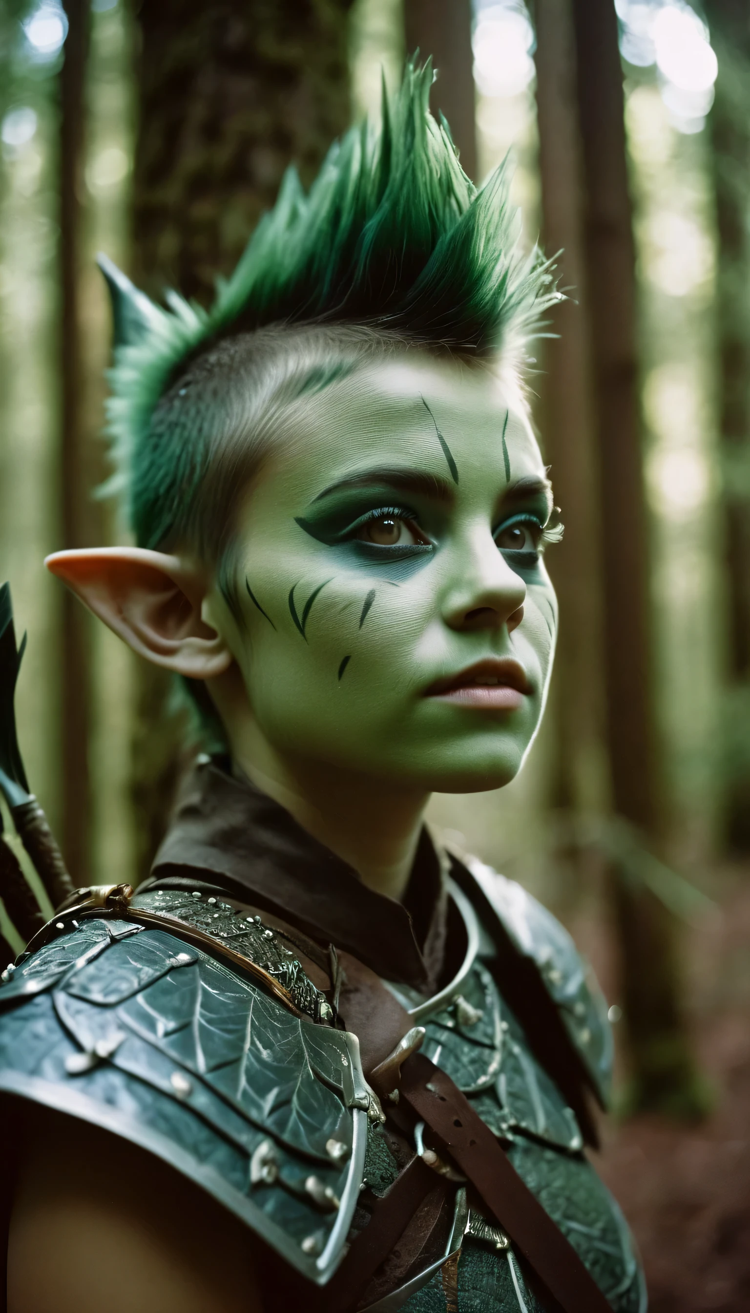 analog film photo, photo of young goblin warrior, female, -old, gresh skin, diminutive build, pointy ears, upturned nose, slitted pupils, mohawk haircut, pretty, natural beauty, mystical forest, RAW Photograph, dslr, soft lighting, high quality, film grain, Fujifilm XT3, detailed skin with visible pores, insane details, masterpiece, 8k, 35mm photograph, dslr, kodachrome, faded film, desaturated, 35mm photo, grainy, vintage, Kodachrome, Lomography, stained, highly detailed, found footage, close-up shot 