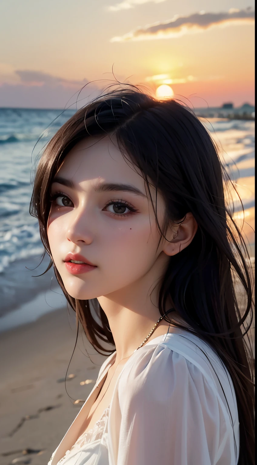 Mustepiece, top quality, illustration, ultra-definition, fine details, high resolution, 8K wallpaper, perfect dynamic composition, beautiful detailed eyes, wearing a dress, natural color lips, beach, random cute pose, perfect and beautiful face , cute, sexy face, sunset, feminine face