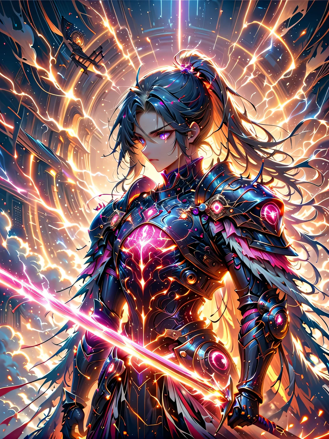 amazing quality, masterpiece, best quality, Super detailed, Super detailed, ultra high definition, perfect anatomy, blurred background, outdoor,( Cherry blossoms:0.6), FOG, studio lighting, bright future, facing the audience,
(pink mixed with white) armor, male, Keep, Sword with ral-elctryzt, ponytail, luminescent, shine, dazzled,
Hong Kong style,
Very detailed,
