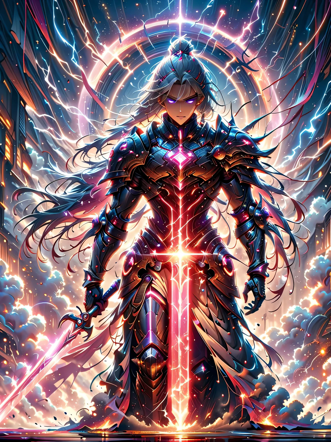 amazing quality, masterpiece, best quality, Super detailed, Super detailed, ultra high definition, perfect anatomy, blurred background, outdoor,( Cherry blossoms:0.6), FOG, studio lighting, bright future, facing the audience,
(pink mixed with white) armor, male, Keep, Sword with ral-elctryzt, ponytail, luminescent, shine, dazzled,
Hong Kong style,
Very detailed,
