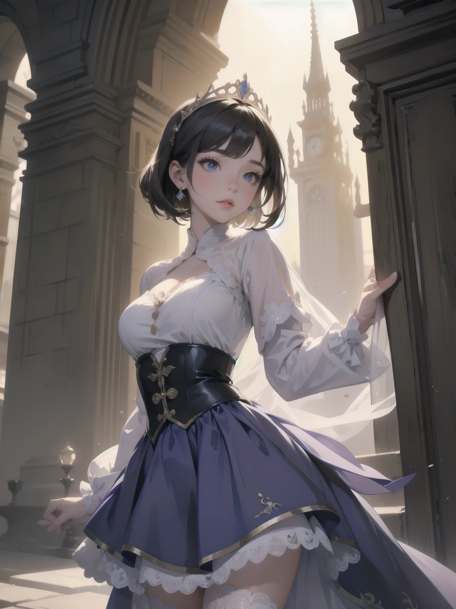 Concept:Childhood Bride: A wedding ring shining on the ring finger
Fusion of medieval European fashion
Emphasis on the elements of cuteness and longing
Illustrations of poses that express the overwhelming cuteness of the characters in the foreground
Overwhelming architectural and cityscape backdrops with ultra-detailed and richly detailed modern interpretations of medieval Europe and fantasy worlds
Realistic textures, professional artistic shading and light sources, scene-like cinematography and effects, subject depth
One beautiful girl, super cute, bob cut, side ponytail, perfect anatomy
Colors: pastel, white, pale purple, blue, gingham check
Materials: chiffon, lace, satin, velvet, etc.
Silhouette: Fluffy skirt, A-line, long length
Decoration: Ruffles, ribbons, lace, pearls, embroidery, etc.
Coordinates: Romantic princess: pastel-colored dress, lace blouse, fluffy skirt, ribbon hair accessory, black tights
Add accessories and accessories for a unique look