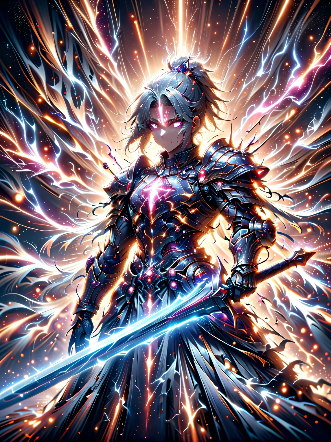 amazing quality, masterpiece, best quality, Super detailed, Super detailed, ultra high definition, perfect anatomy, blurred background, outdoor,( Cherry blossoms:0.6), FOG, studio lighting, bright future, facing the audience,
(pink mixed with white) armor, male, Keep, Sword with ral-elctryzt, ponytail, luminescent, shine, dazzled,
Hong Kong style,
Very detailed,