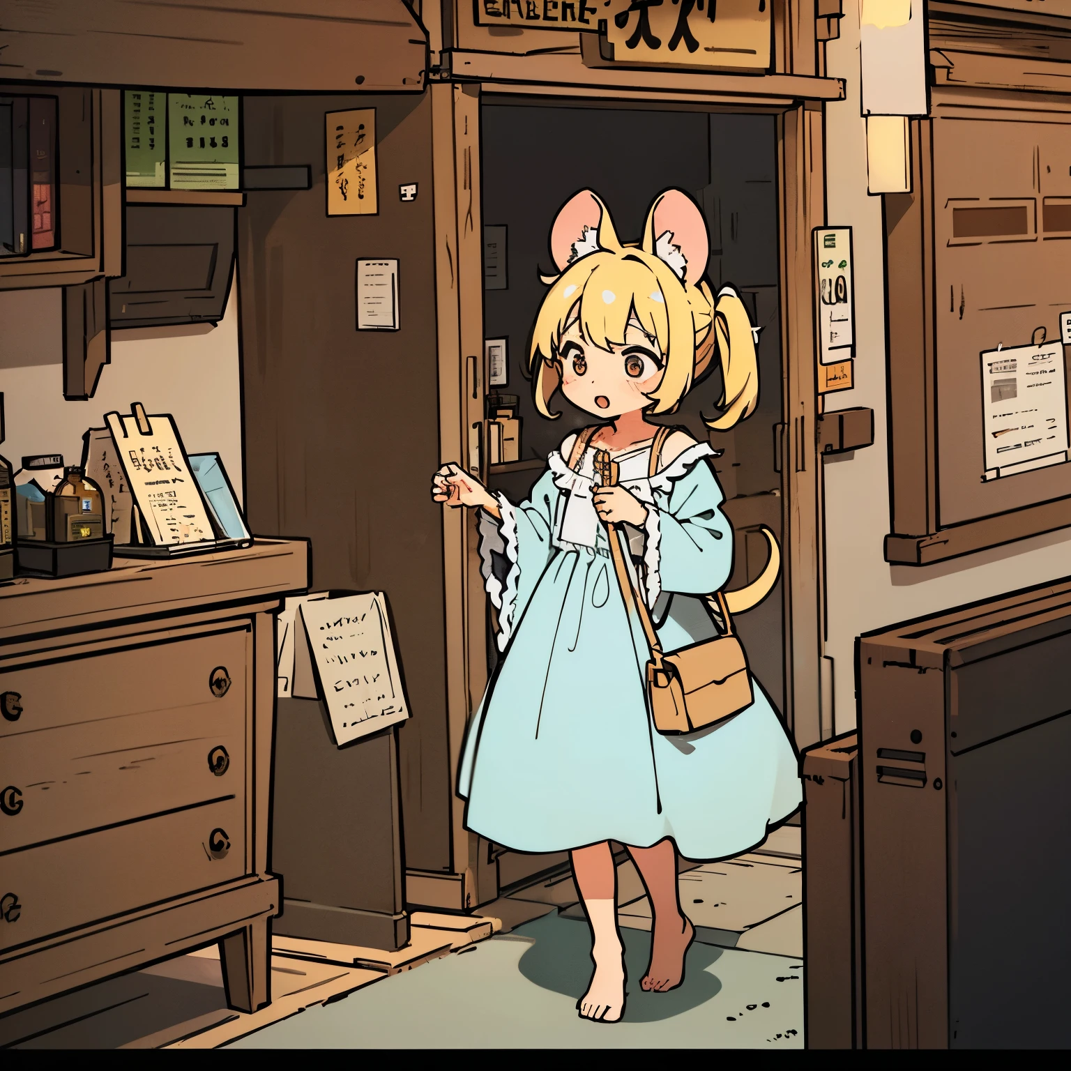 A 1300s style town in London, a blonde hair girl is feeding a mouse inside her home that is dirty and little to no light, the blonde girl is wearing an light pink nightgown that is slightly dirty and has holes in it, she has blueish brown eyes and she wears her hair in pink tails