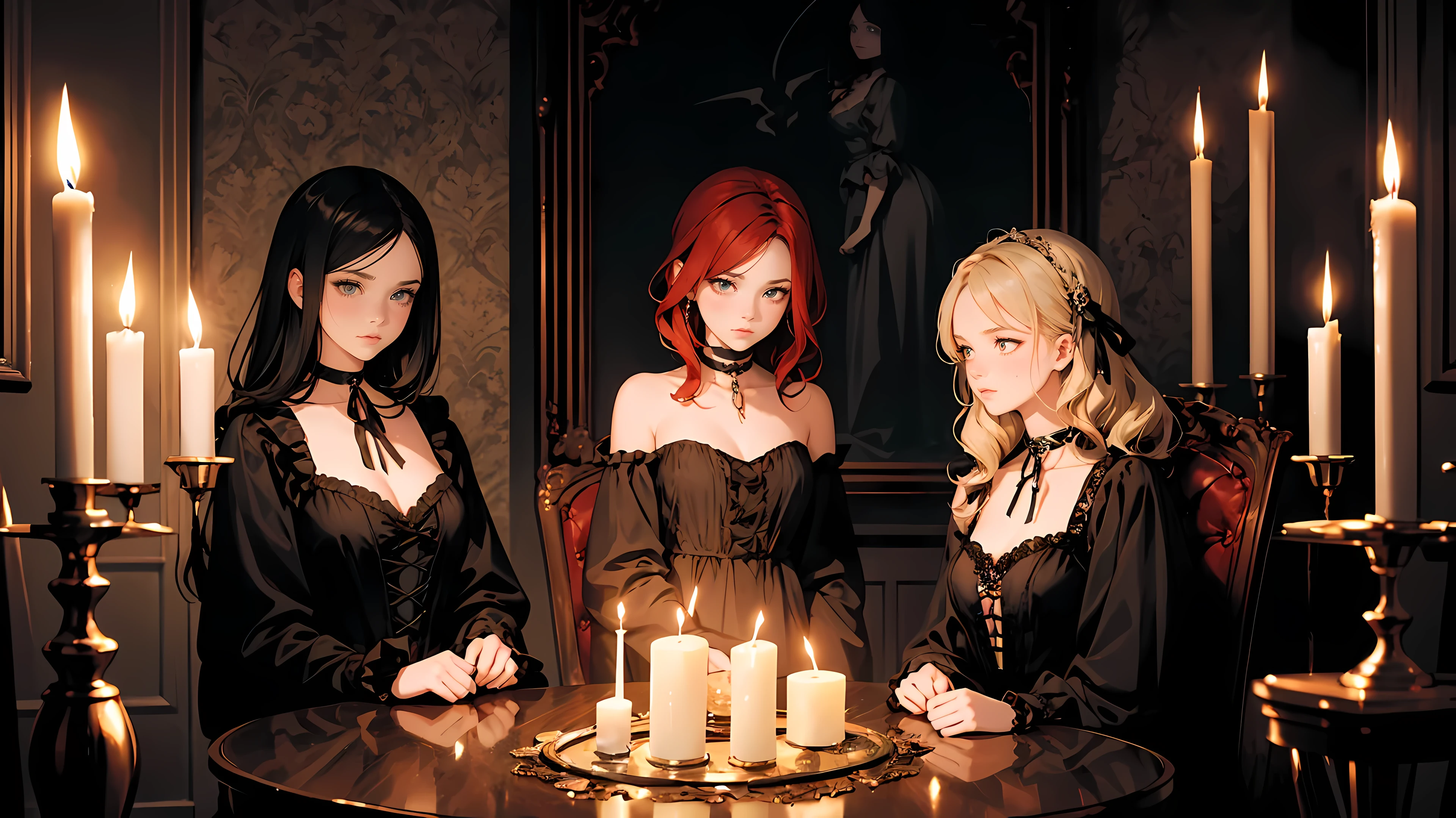 Three beautiful 18 year old girls, three witches, detailed beautiful hair, detailed beautiful eyes, small breasts, red hair, black hair, blonde hair, choker collar, bracelets, gothic decor, hammer horror film mansion, Victorian mansion, candles, gloomy, dungeon, dramatic lighting, cinematic lighting, Rembrandt lighting