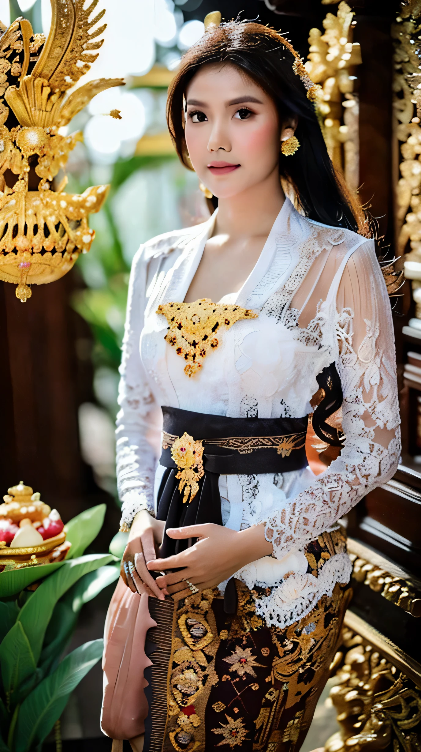 photography, beautiful woman from Indonesia, white skin, straight black hair wavy underneath, flawless makeup, wearing a white Balinese kebaya, a grain of rice on her forehead, temple background, blurred background, realistic , 8K, Focus