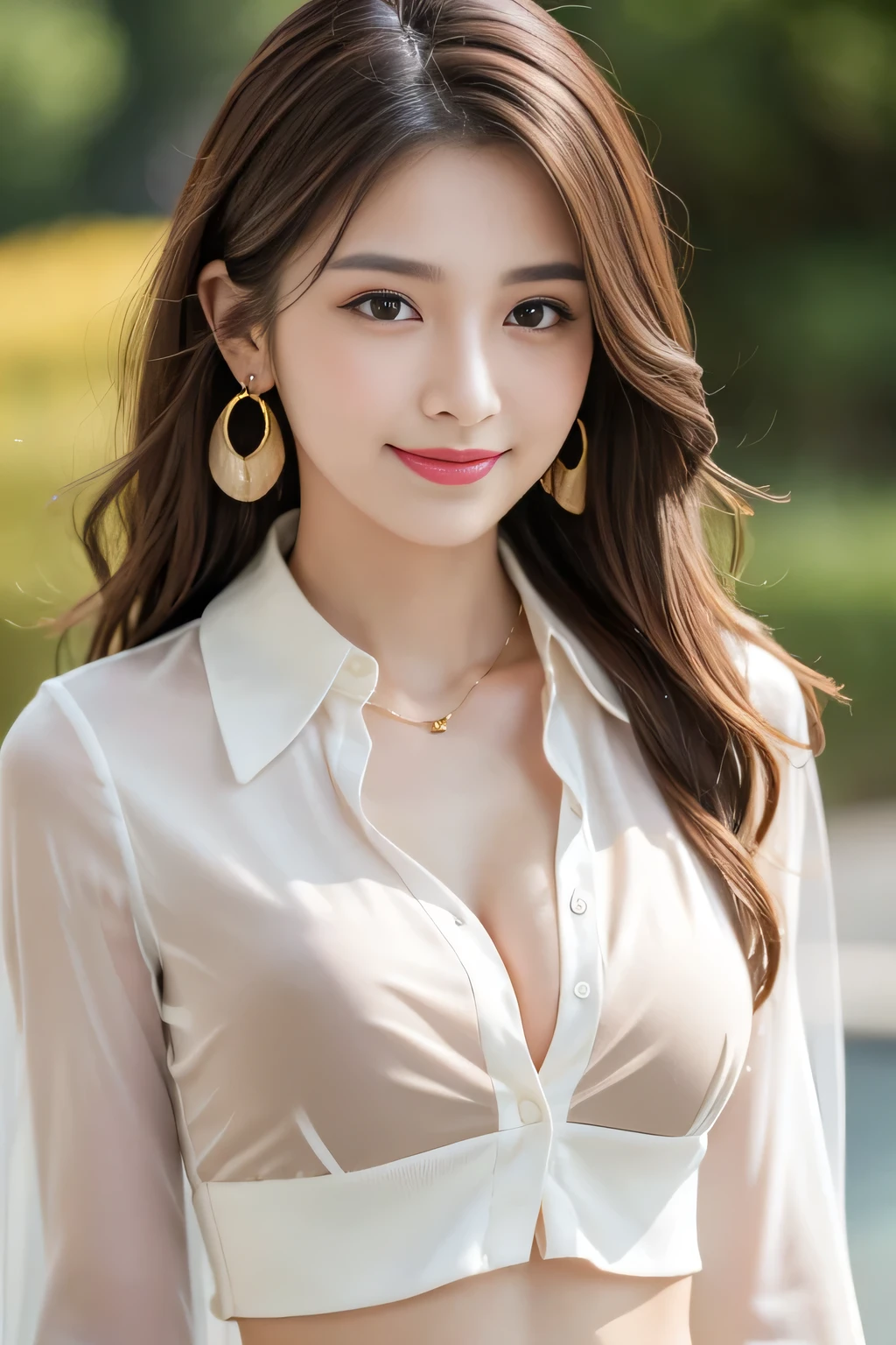 ((highest quality, 8K, table top: 1.3)), sharp: 1.2, perfect body beauty: 1.4, slim abs: 1.2, ((light brown long hairstyle,medium breasts: 1.2)), cleavage, (pale white long shirt: 1.1), Highly detailed face and skin texture, fine eyes, double eyelid, View from the side looking at the camera, innocent, (Excited: 1.3)、cute smile、big earrings、No sleeve、See-through shirt with collar、long hair、hair swaying in the wind