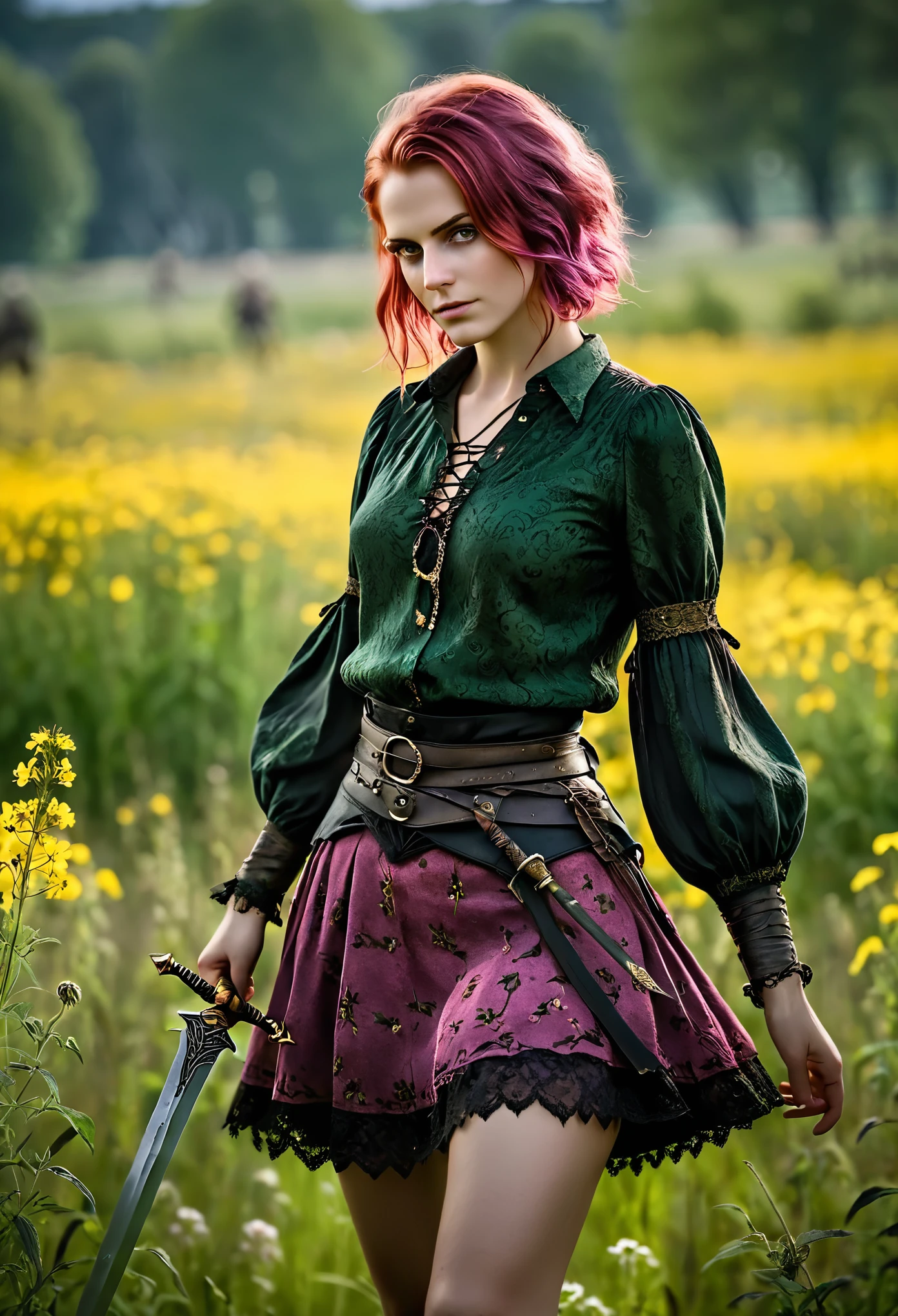 photo shot on Nikon D850, Bloodborne ~ Dark Souls 3 ~ Elden Ring ~ ultra detailed gorgeous woman with dark pink hair, open green blouse, short black patterned skirt, holding a sword, walking through a wild flowers field, in a world of violet and yellow, blushing, teasing, Alluring. highly stylized. depth of field, bokeh effect, backlit, stylish, elegant, breathtaking, visually rich, masterpiece, full body shot.