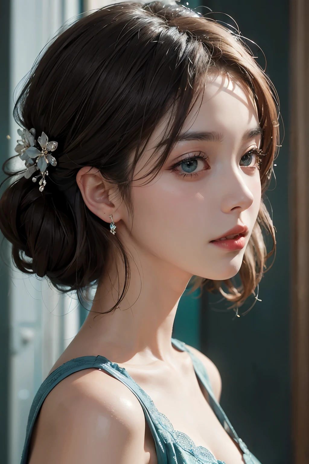 ((best quality)), ((masterpiece)), (detailed), perfect face, Close up of woman in blue and white dress in green room, artwork in the style of 구웨이즈, korean beauty, many props background, long dress,
