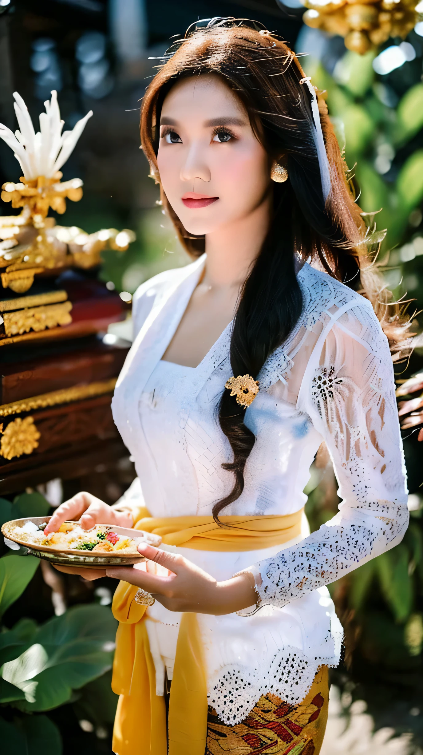 photography, beautiful woman from Indonesia, white skin, straight black hair wavy underneath, flawless makeup, wearing a white Balinese kebaya, a grain of rice on her forehead, temple background, blurred background, realistic , 8K, Focus