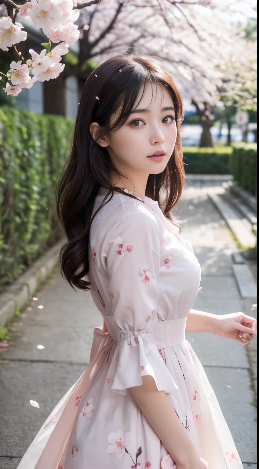 (A logo、masterpiece、8K、masutepiece、Raw photo、Fantastic、Best Quality、Photorealistic and ighly detailed CG integrated 8k wallpaper、hightquality、ighly detailed、epic poem、Particle effect、Dynamic effects、depth of fields、Cinematic Light、Lens Flare、Ray tracing)、Fantasia、 (Beauty 1 person、doress、Dress、Cherry blossom pattern、A dark-haired、Beautiful face、Real Face、beautiful details eyes beautiful skin)、my hair dances in the wind、Hair flutters in the wind、Hair jumps、Pink cherry blossom tree、Petals flutter、Sakura blizzard、Superb view、morning glow、Sun in the background、the wind、
