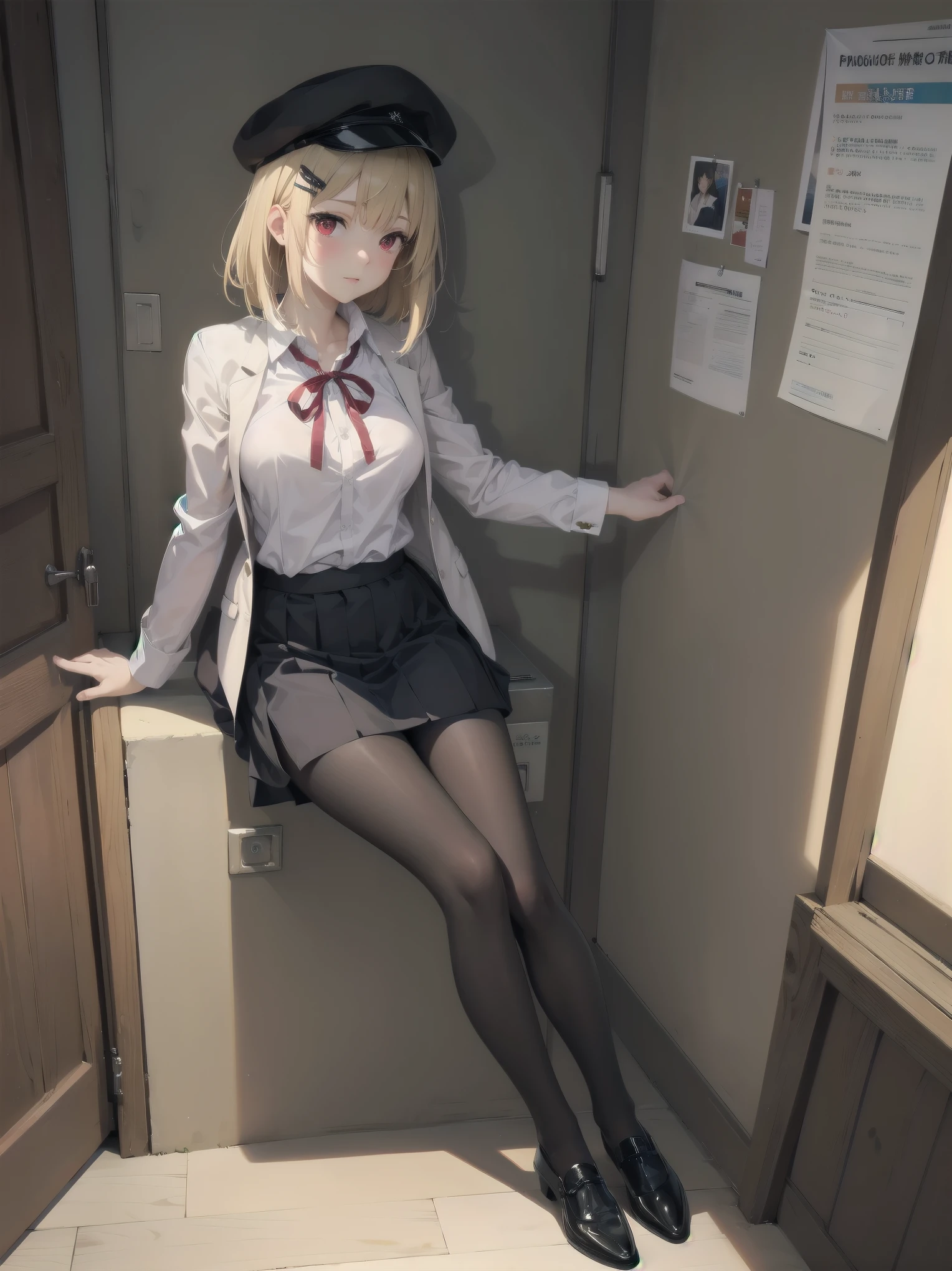 (Masterpiece: 1. 2), (Top quality: 1. 2), Anime girl, One, Blonde hair, Hair clip on right side of forelock, Black cap, Wine red eyes, White female shirt, Brand grey blazer, Small red ribbon across chest, Office clothes, One size larger shirt, Checked priss skirt, Black tights, tights with fine detail, full body, large breasts, front view, alone, bruised and super cute