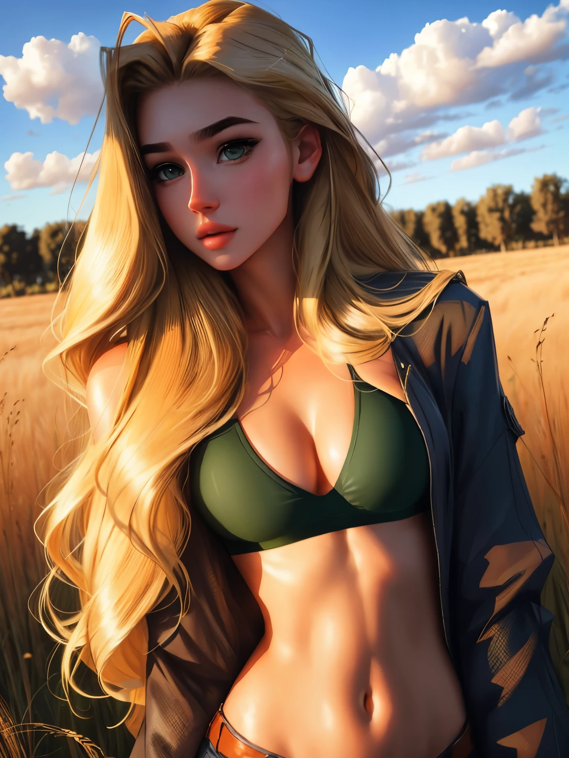 1 girl, age19, Long hair, big chest, Looking at Viewer, blonde hair, green eyes, Realistic, A sexy and slim, face details, field depth, 4k
