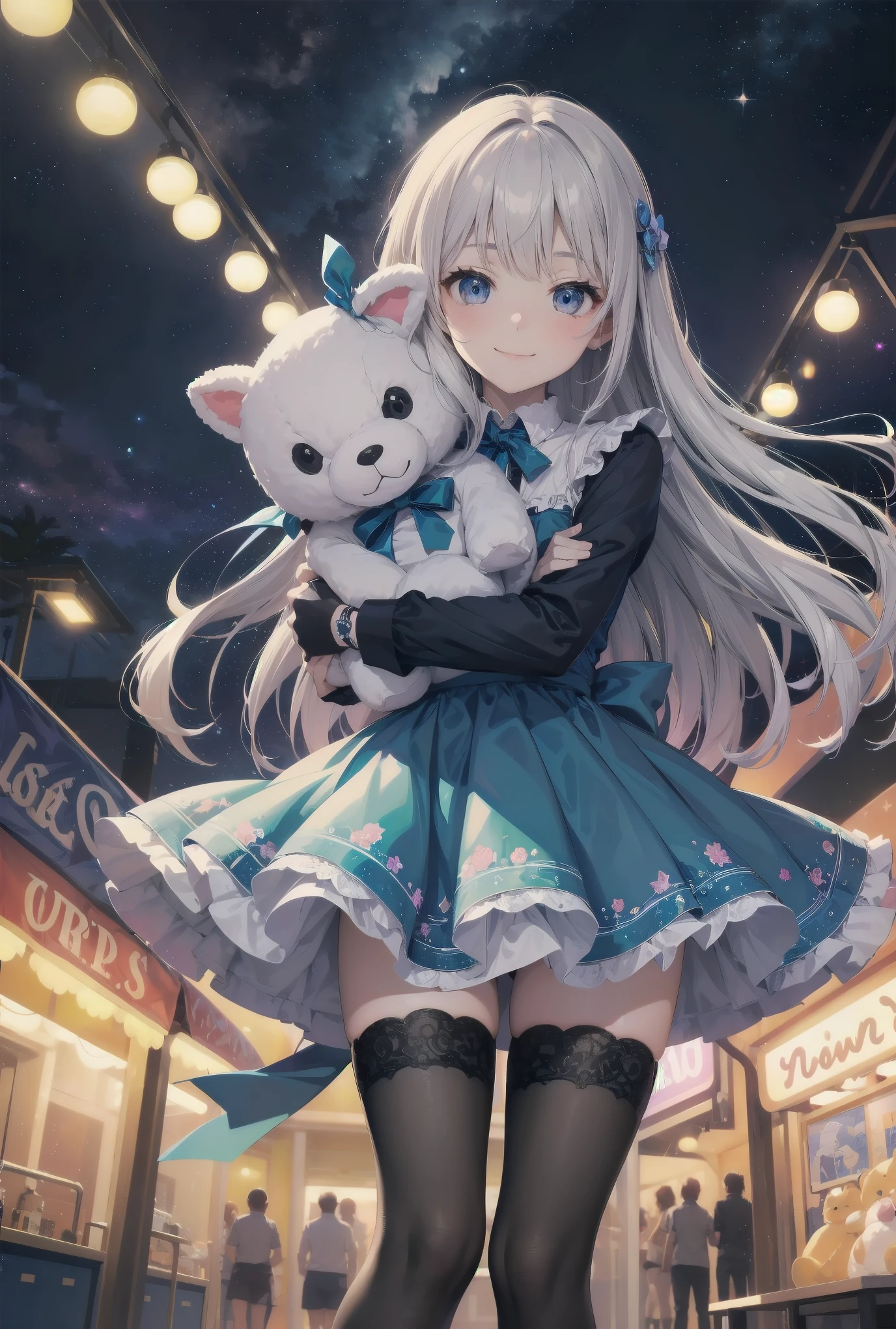 A girl hugging a stuffed animal in a space amusement park:.Amidst the colorful lights and stars of a space amusement park, a young girl holds a large stuffed animal in her arms. She is dressed in a dreamy blue dress decorated with lace and ribbons in the shape of stars. Her black tights are decorated with shiny floral patterns, and she wears shoes with silver glitter on her feet. The girl's expression is shy and smiling, and behind her is an infinite universe, with stars twinkling all around her. This scene captures a fantastic moment when dream and reality intersect