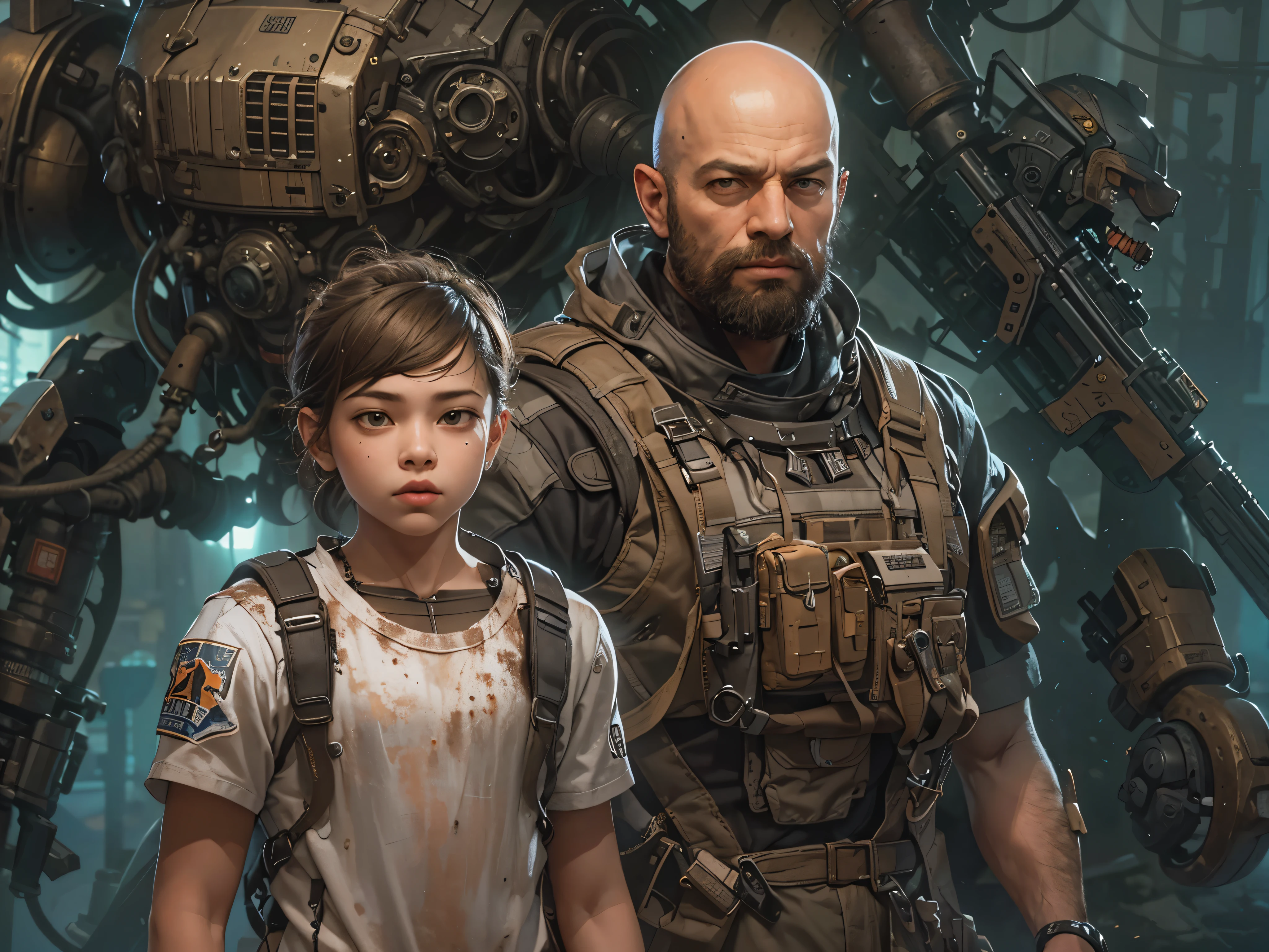 (full body portrait), (2 guys)(the first is a 14 year old messy brown haired boy),(the second is his bald muscular father with beard), realistic style, detailed face, futuristic combat gear tear and dirty hyper detailed, 8k, sci-fi composition, sci-fi background, in the background a mysterious machine