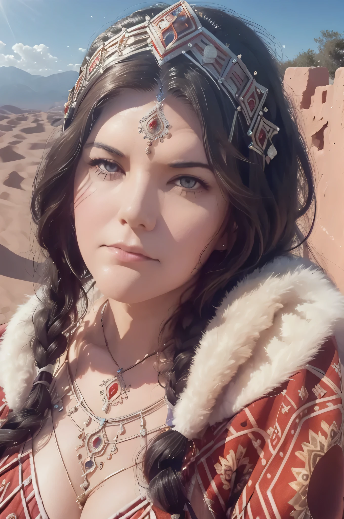 ((best quality)), ((masterpiece)), ((realistic,digital art)), (hyper detailed),DonMD3m0nV31ns,lightning veins, Lush Instrument, Optimal Viewing Angles,Eye Wash Stations,Detachable Units,Assembly Blocks, Lace, Crystalline, beautiful, traditional, Amazigh headdress, long shot scenic professional photograph of pretty woman, BBW, curvy, brunette, bright eyes, jewelry, Moroccan Caftan, TazerzitXL, isni, liberty headdress, Moroccan pattern background, Marrakech, Riad pool, Morocco, Berber, perfect viewpoint, highly detailed, wide-angle lens, hyper realistic, with dramatic sky, polarizing filter, natural lighting, vivid colors, everything in sharp focus, HDR, UHD, K