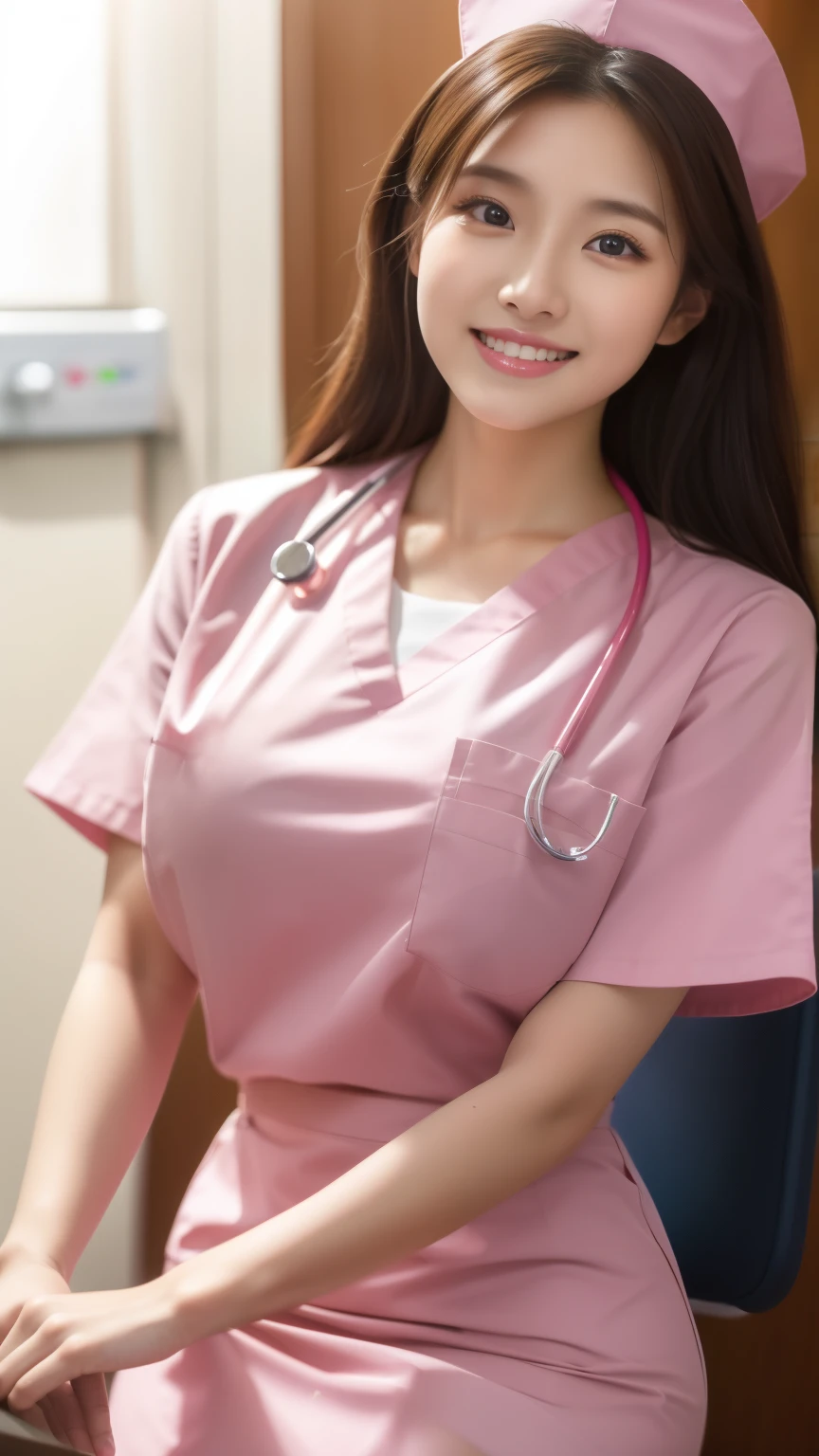 ulzzang-6500-v1.1,(masterpiece, highest quality:1.3), (Ultra-detailed 8K:1.2), (hyperrealistic:1.35),(Raw photo:1.2),highest quality, High resolution, wallpaper, realistic, (dramatic, Realistic painting art by Midjourney:1.3) BREAK (1 nurse, 18yo, pink nurse uniform、Basic Nurse Cap,short pink tight skirt:1.3), (super beautiful girl:1.5), beautiful skin, beautiful and detailed eyes, detailed face, Perfect style,Photo seen diagonally from above,Take a photo from above,smile,looking at camera,Take photos from up close to her,big breasts,very detailed face、Put the stethoscope around your neck,double eyelid、White and clean teeth,brown eyes,chest strengthening,emphasize body line,smile at me lovingly、beautiful lips,glossy lips,white teeth, BREAK Hospital treatment room,Detailed depiction of the background of the hospital room,perfect lighting、Natural light,natural soft light